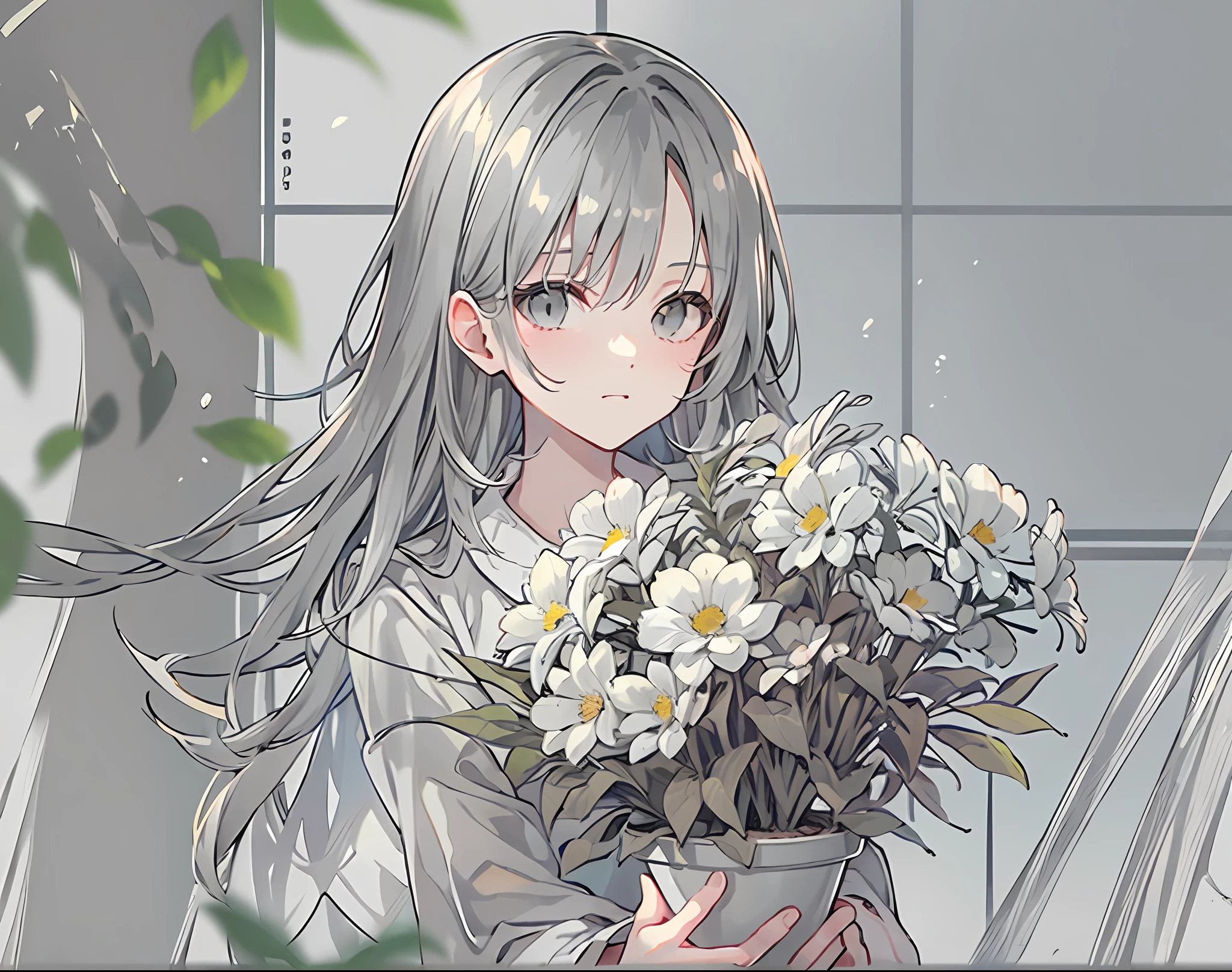 【Highest Quality, masutepiece】 (Gray white background:1.7), (beautiful Girl holding potted flowers, solo, front facing)