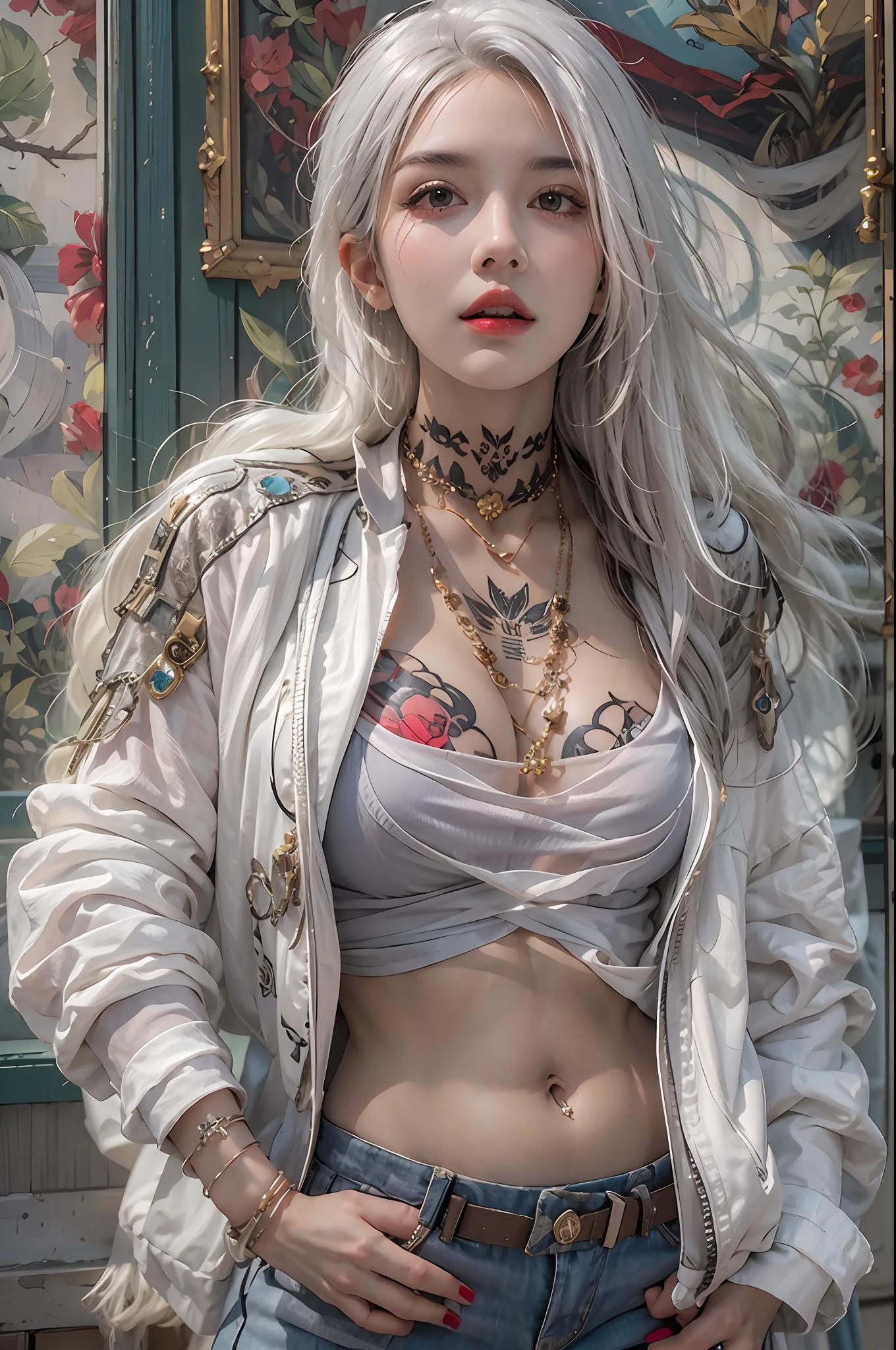 photorealistic, high resolution, 1women, solo, hips up, look at viewer, (detailed face), white hair, long hair, street wear, jewelry, belly tattoo