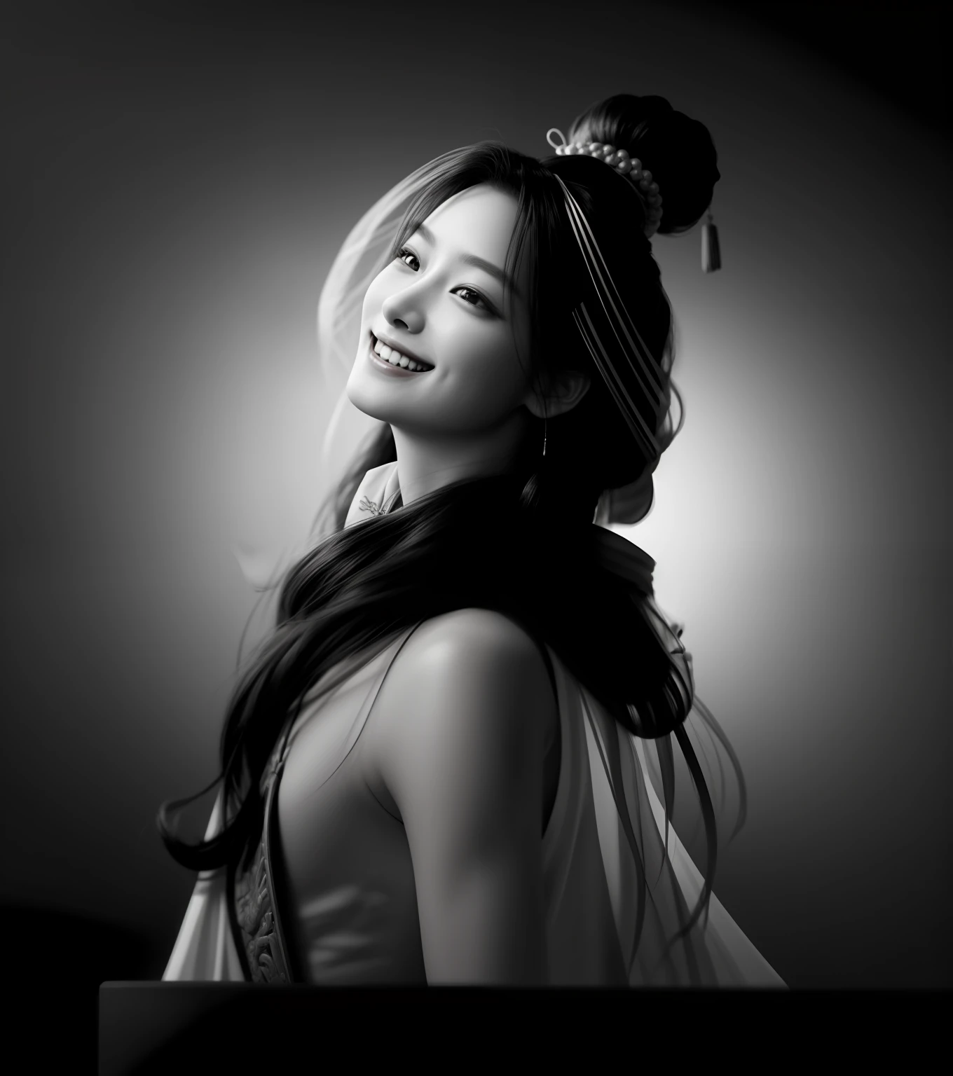 Ball head, long hair, ancient beauty, Chinese style, close-up, upper body，beauitful face，grin，realistic，3D，Real skin material，Cinematic lighting，masterpiece，ultra-clear，extreme hight detail，black andwhite，taichi