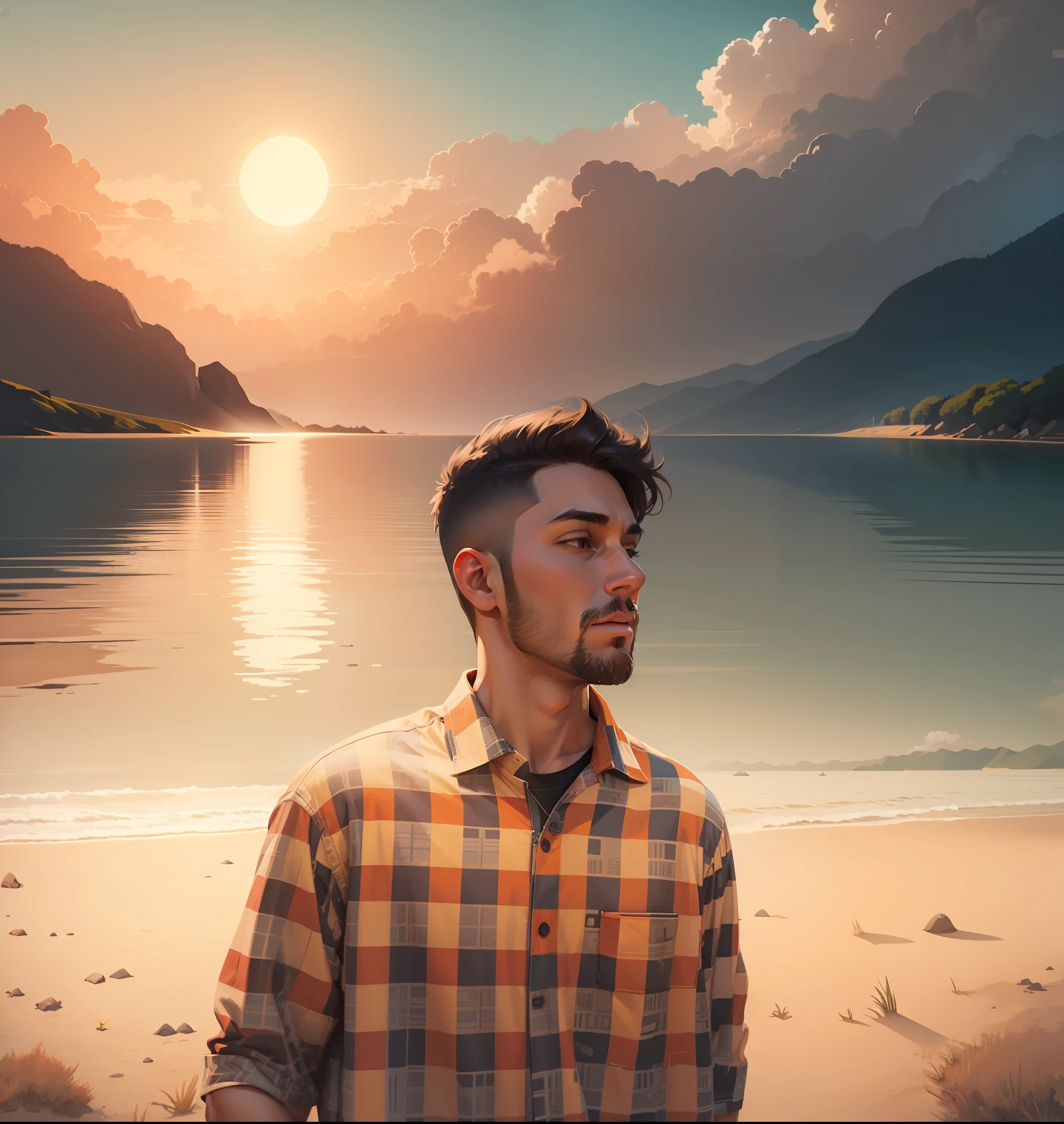 A beach in a summer landscape, T-shirt design, Midjourney, Vector Art, Hydro74