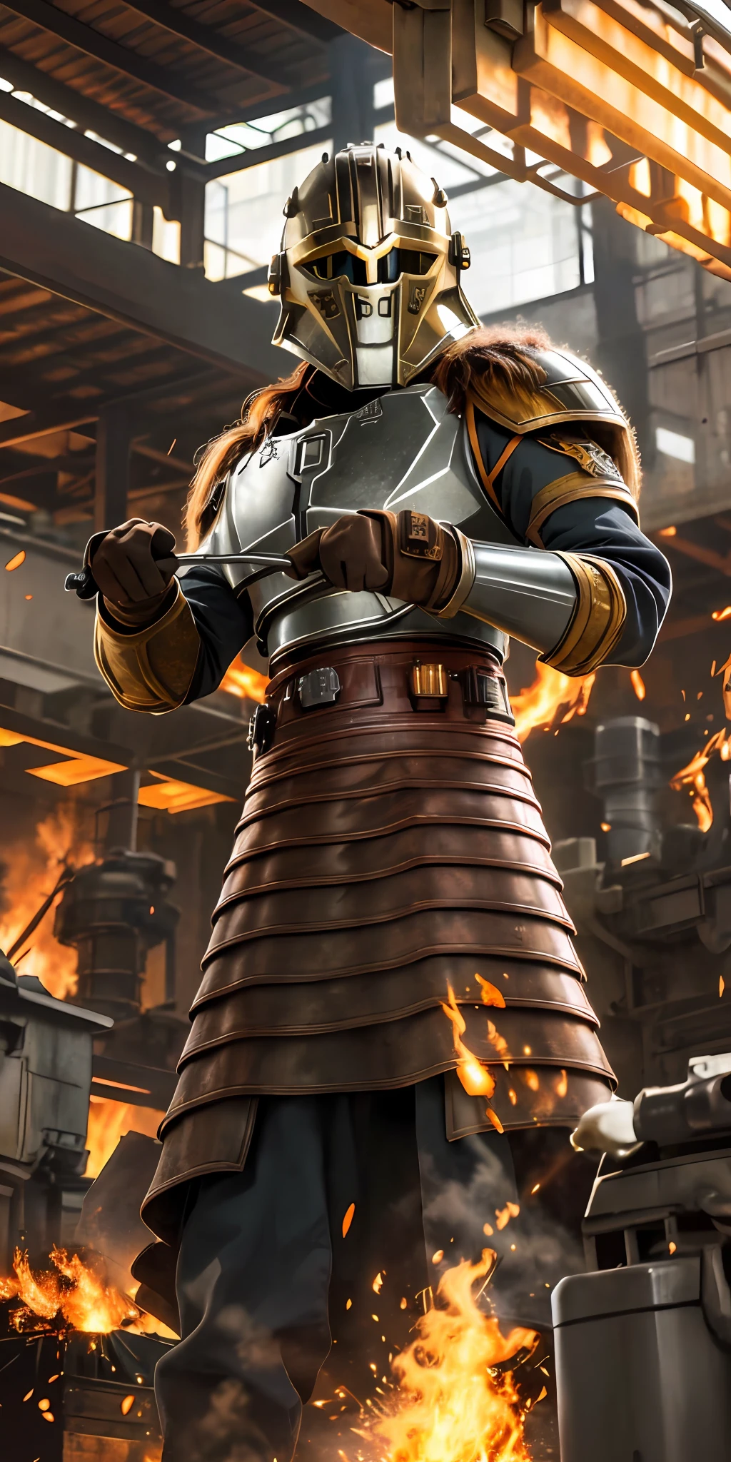 Portrait photo of an alpha female, intricate armor, thearmorer, long hair, (((busty))), big breast, in a worn mecha suit, intricate, (rust), sharp focus, photo by greg rutkowski, soft lighting, vibrant colors, masterpiece, anvil, raw metal, melted metal, fire smelter, (((blurred fire crackle))), forging, hammer, (((indoor smelter))), cowboy shot, dynamic pose,