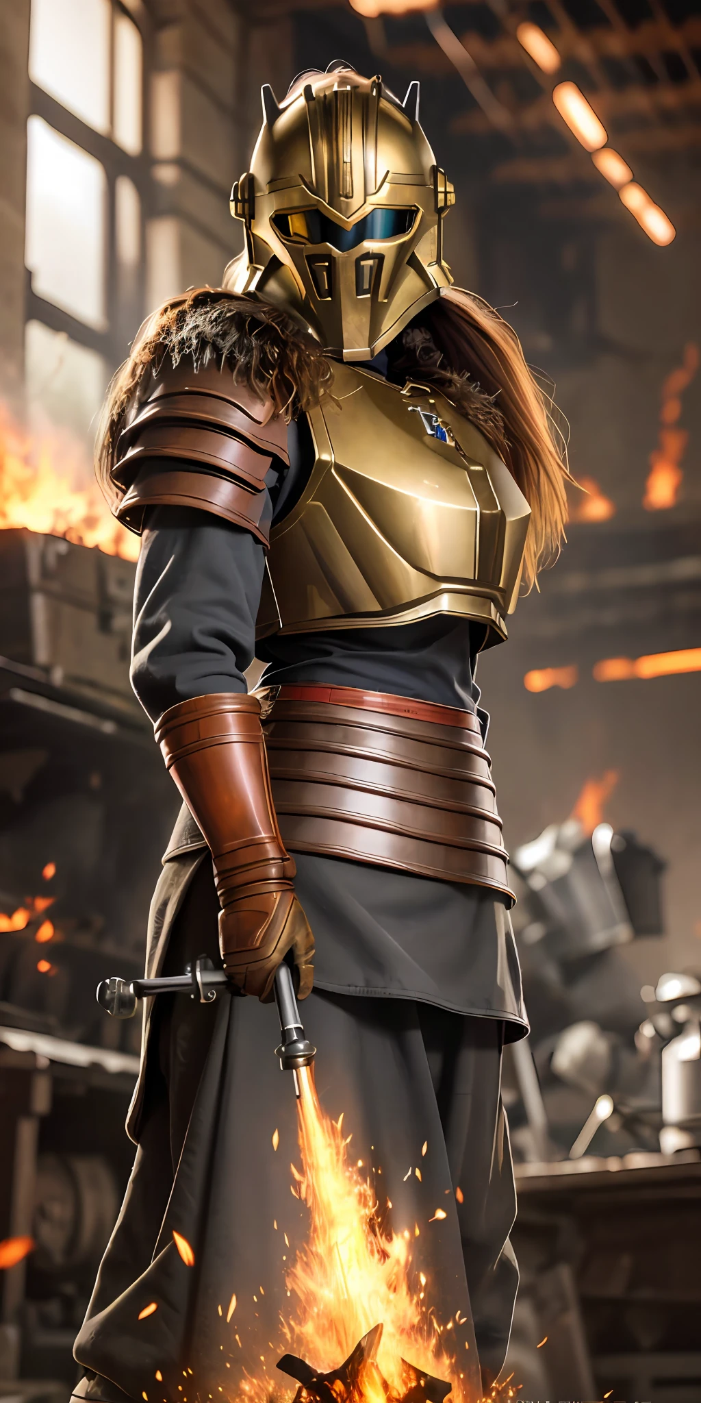 Portrait photo of an alpha female, intricate armor, thearmorer, long hair, (((busty))), big breast, in a worn mecha suit, intricate, (rust), sharp focus, photo by greg rutkowski, soft lighting, vibrant colors, masterpiece, anvil, raw metal, melted metal, fire smelter, (((blurred fire crackle))), forging, hammer, (((indoor smelter))), cowboy shot, dynamic pose,