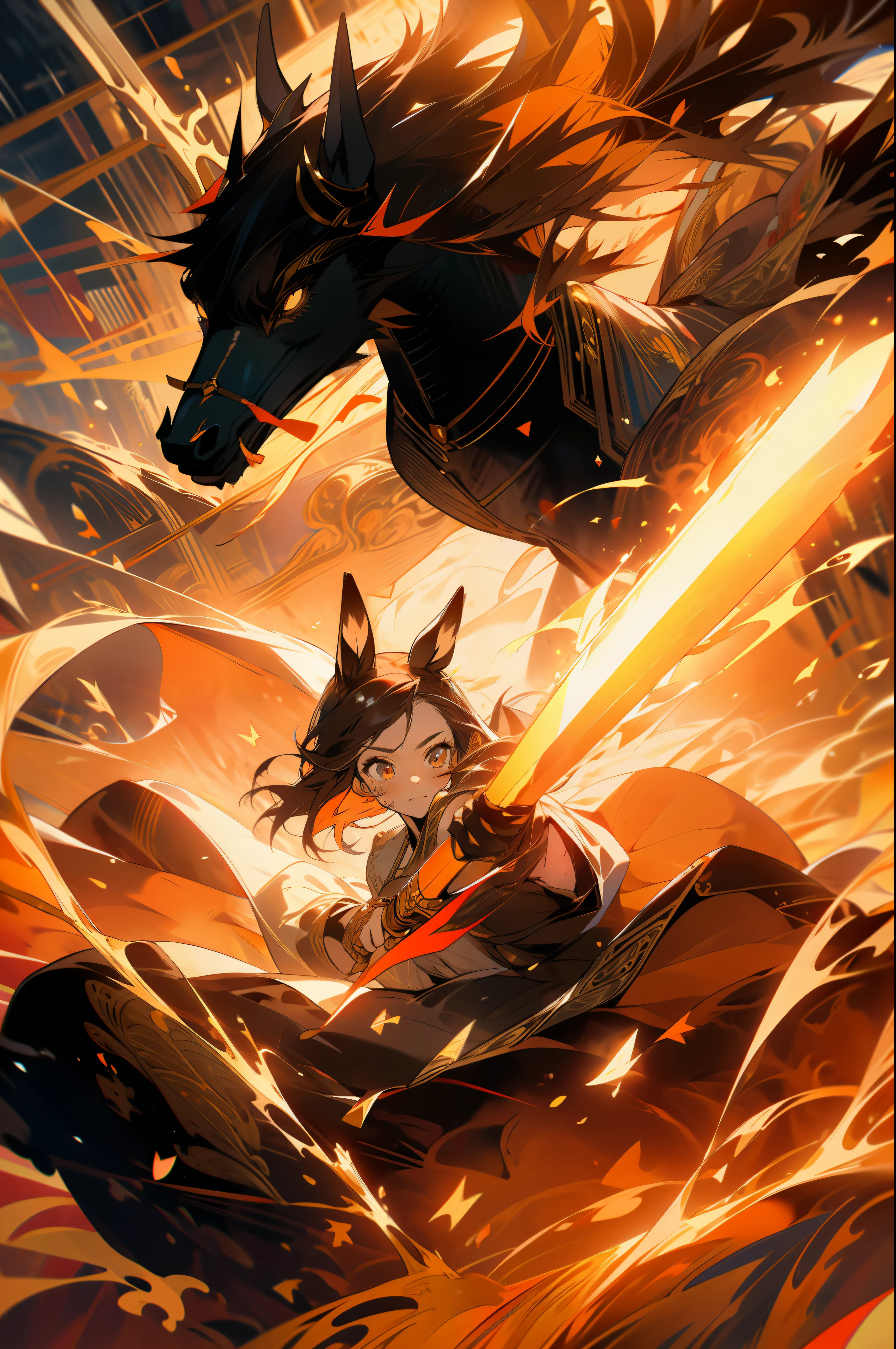 Horse ears on the head,Medieval dress in retro demure style,Mature age girl,Has brown hair、Royal sister temperament,The body is surrounded by floating rocks,Accompanied by a Pegasus。The overall picture is in warm colors,The maiden holds a knight's spear,the detail