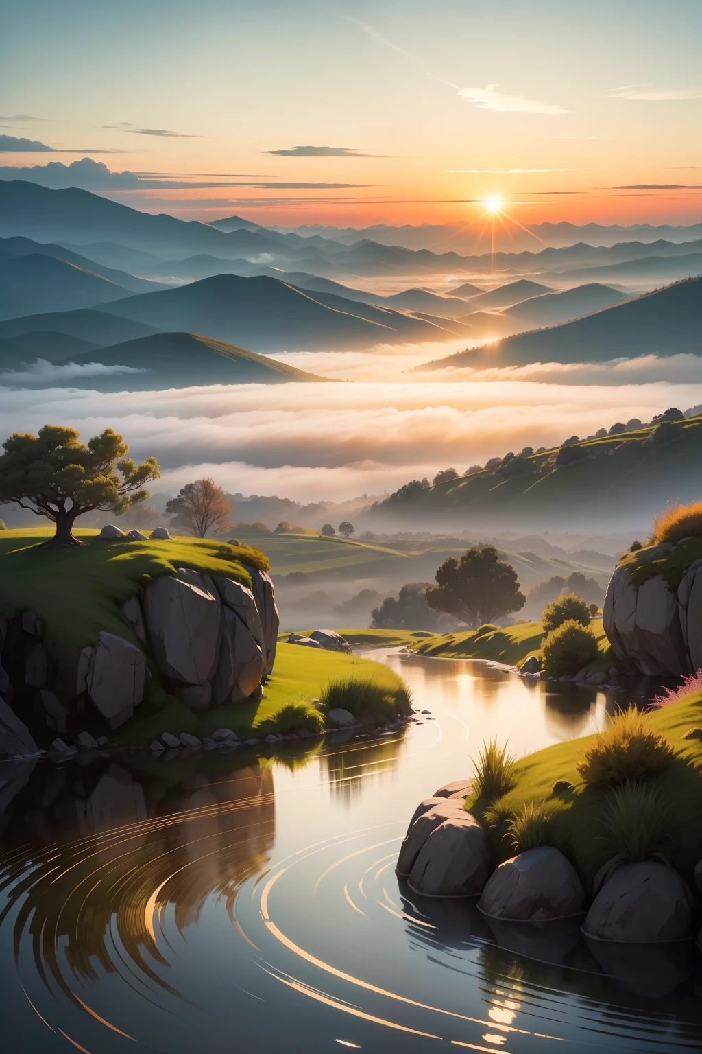 Please raise white tea according to the "Sea Mist，Dawn sees the sun。This sentence matches a 2D minimalist illustration。There are clouds and mist between the vista mountains，The sun breaks through the clouds，The sky is a mix of orange and yellow。There is tea tree in the foreground，The scene is full of movement，breath-taking，Immerse yourself in a calm atmosphere，Let the tranquil surroundings surround you。
