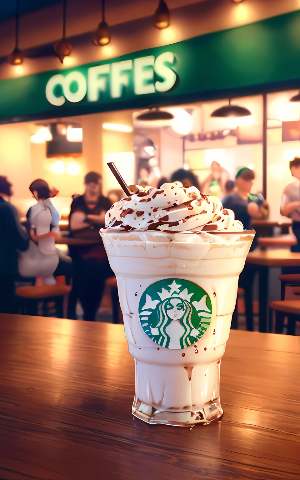 POV photo of an amazing Mocaccino milkshake with chocolate syrup. busy Starbucks dinner interior background, people in background, Starbucks logo on the glass, Cinestill 800T