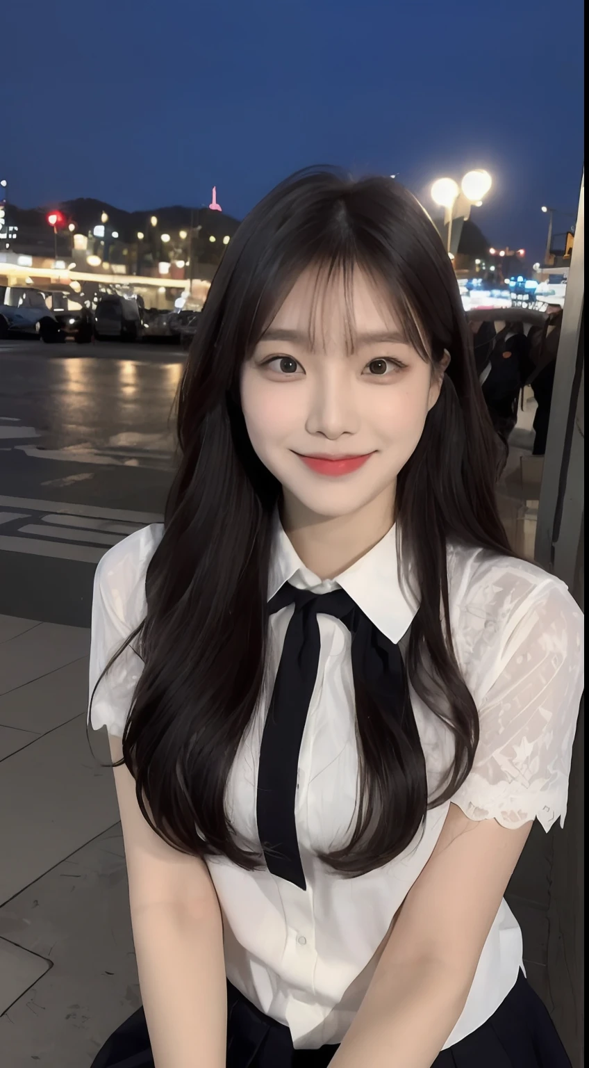(1 Korean star with royal sister style), ((Best quality, 8K, 巨作: 1.3)), focal point: 1.2, Perfect body proportions: 1.4, (Make a smile), Watery eyes, Highly Detailed Face and Skin Textur, Fine eyes, Double eyelids, Whitens the skin, (long whitr hair, By bangs: 1.3), (face round: 1.5), (JK school uniform: 1.4), (Lace view: 1.6),(black lence stockings: 1.4),(JK style:1.4),(nighttime scene:1.3),(A bustling city:1.3)