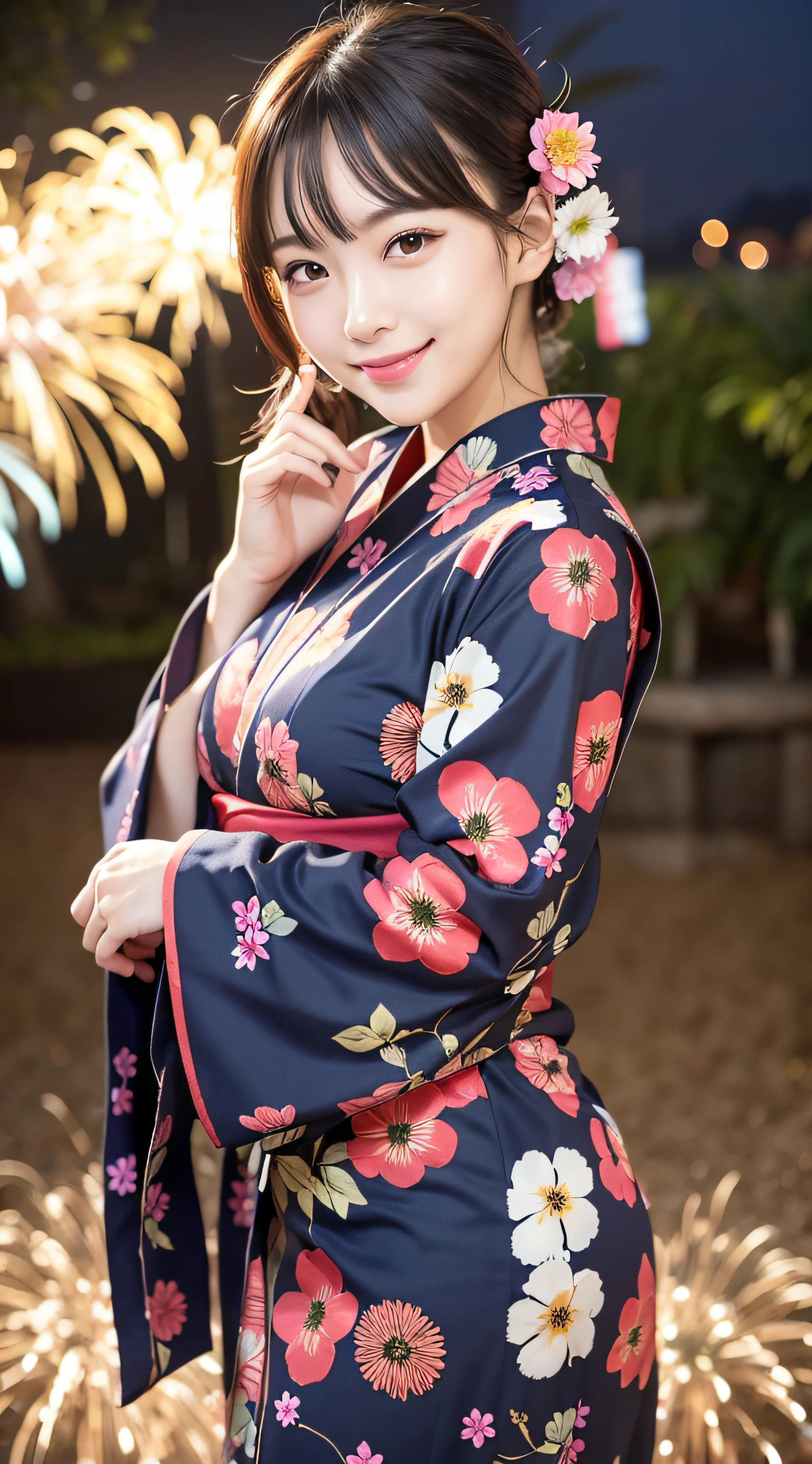 Wide shot of beautiful woman in yukata on mysterious fireworks display background: 1.5, unity 8k , highly accurate: 1.1。As a stylish snapshot、Beautiful woman smiling、Beautuful Women: 1.3、wide Shots: 1.2、Fireworks Display: 1.1、hposing Gravure Idol、Photograph the whole body