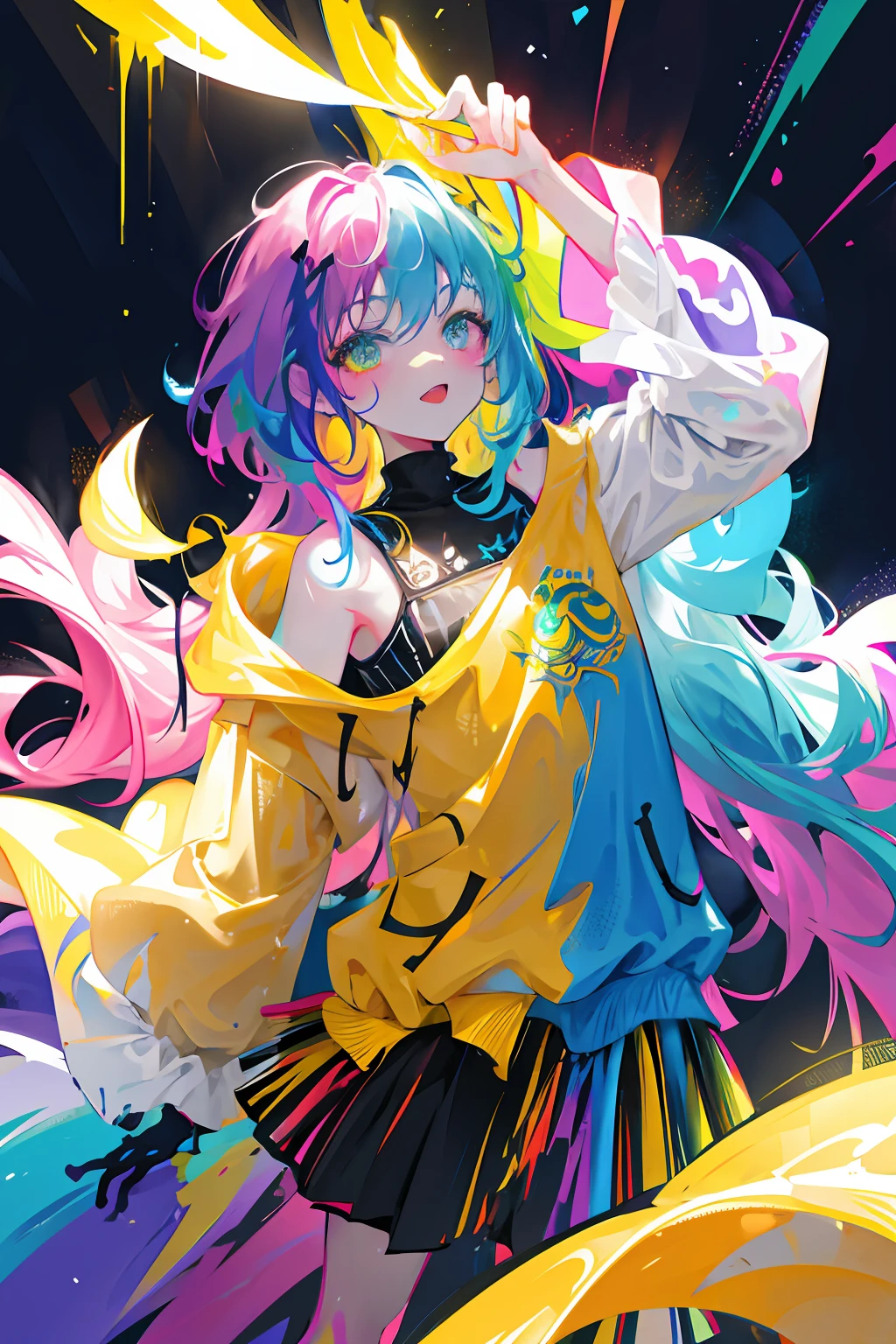 team emblem logo, 2d flat, centered,rainbow paint, a girl made entirely out of rainbow paint, entirely paint, 1girl, all rainbow paint, hdr, (intricate details, hyperdetailed:1.15), gorgeous lighting, rainbow, paint splatter, splashes, very rainbow, very colorful, neon, paint drops, rainbow paint background, colorful background