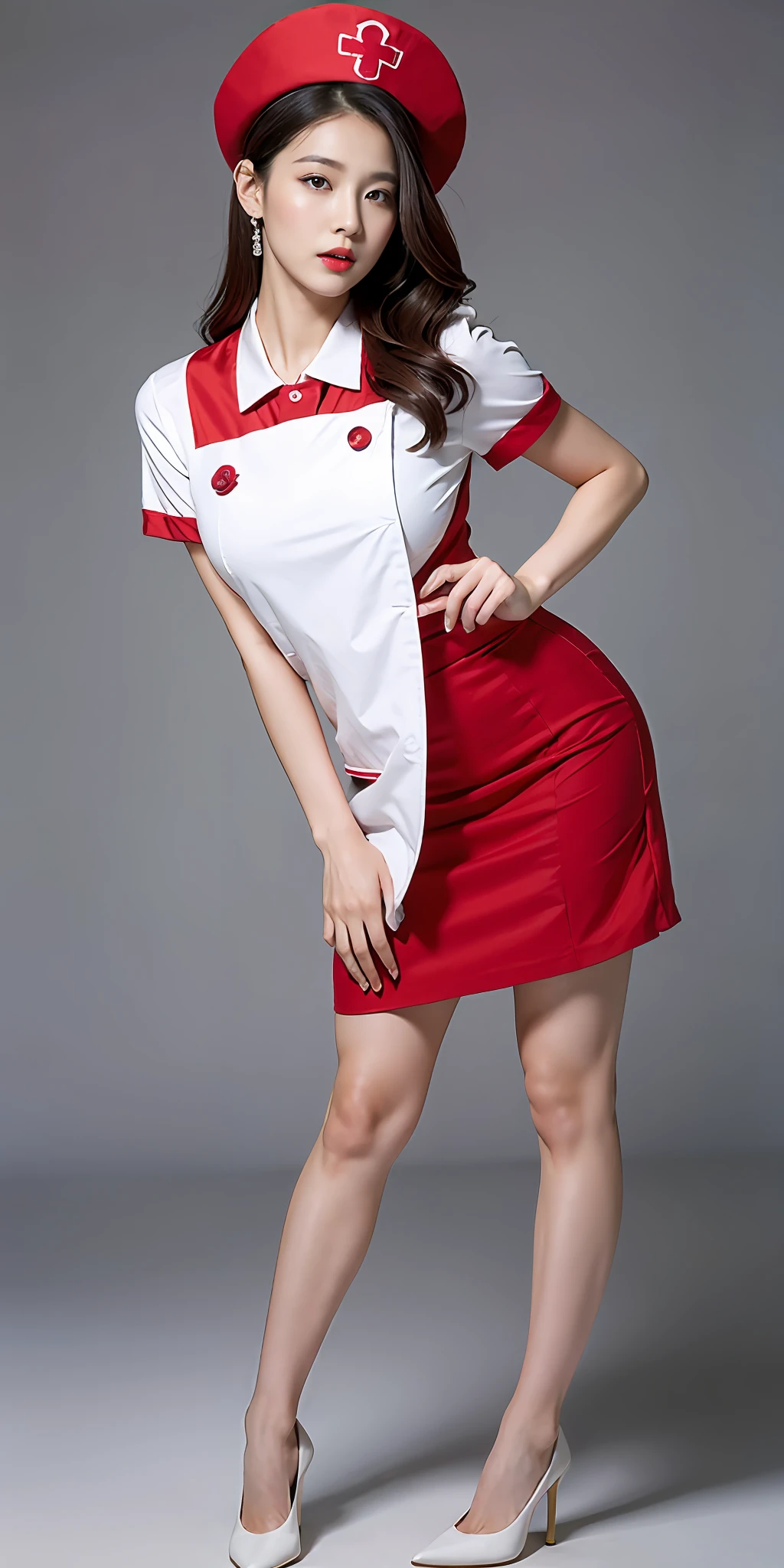 Queen style asian female face，Delicate facial features，prette，Generations wear red nurse uniforms、gossamer、M cup，huge tit，Nice black high heels，prette ，fully body photo，Stand up，Flaming red lips，Facing the camera squarely，Plain background、，White nurse hat、Highly detailed and high-resolution 16K images，Her legs should be long and white