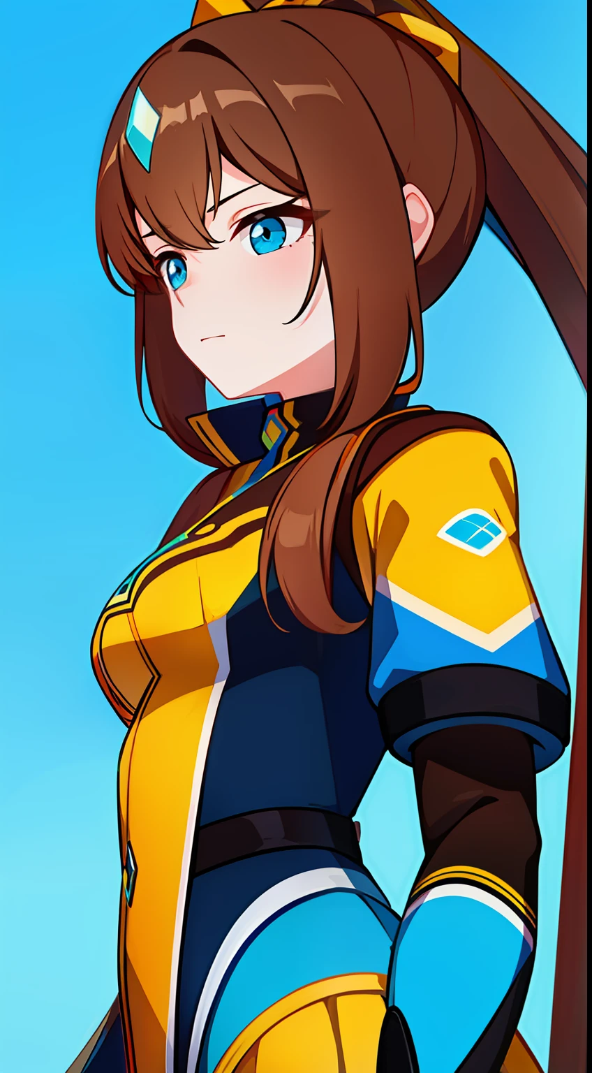 young girl, Long brown hair, high ponytail, Cyan eyes, Blue and yellow superhero uniform, Masterpiece, hiquality