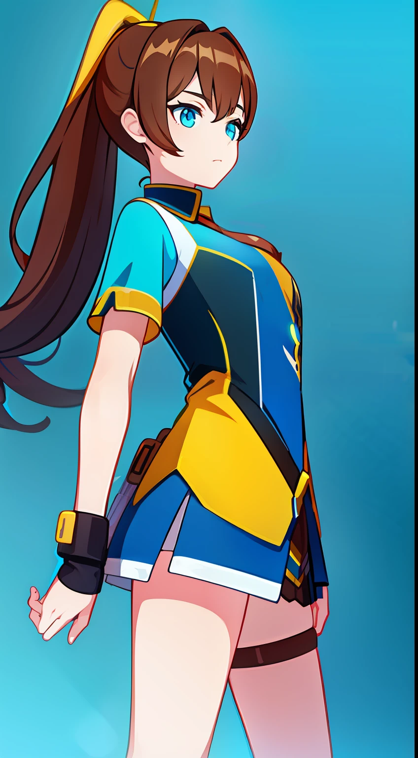 young girl, Long brown hair, high ponytail, Cyan eyes, Blue and yellow superhero uniform, Masterpiece, hiquality