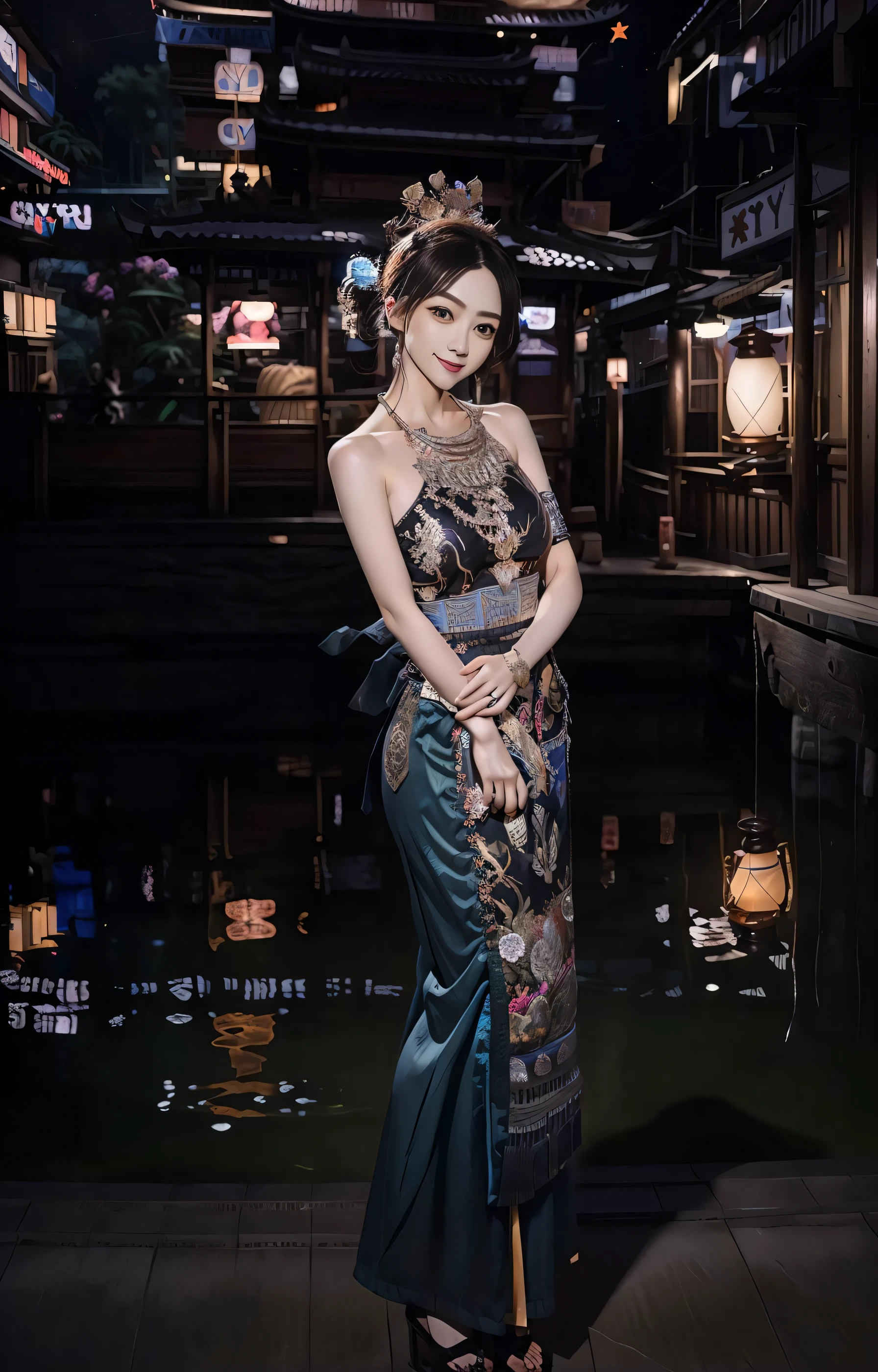 night,(night:1.8),(city lights:1.9),(black theme,),in summer,onsen,(nature:1.9),1girl,full body,black hair,very long hair,grin,sexy,unaligned breasts, dynamic angle,dynamic pose,outdoors,chinese style architecture,High color saturation,Color saturation,(jewelry:1.4),putting on jewelry,
ray tracing,cinematic lighting,(raw photo:1.2), (photorealistic:1.4), absurdres, incredibly absurdres, huge filesize , ultra-detailed, highres, extremely detailed,best quality ,masterpiece, illustration, an extremely delicate and beautiful, extremely detailed ,CG ,unity ,8k wallpaper, Amazing, finely detail, masterpiece,best quality, pureerosface_v1,ulzzang-6500-v1.1,