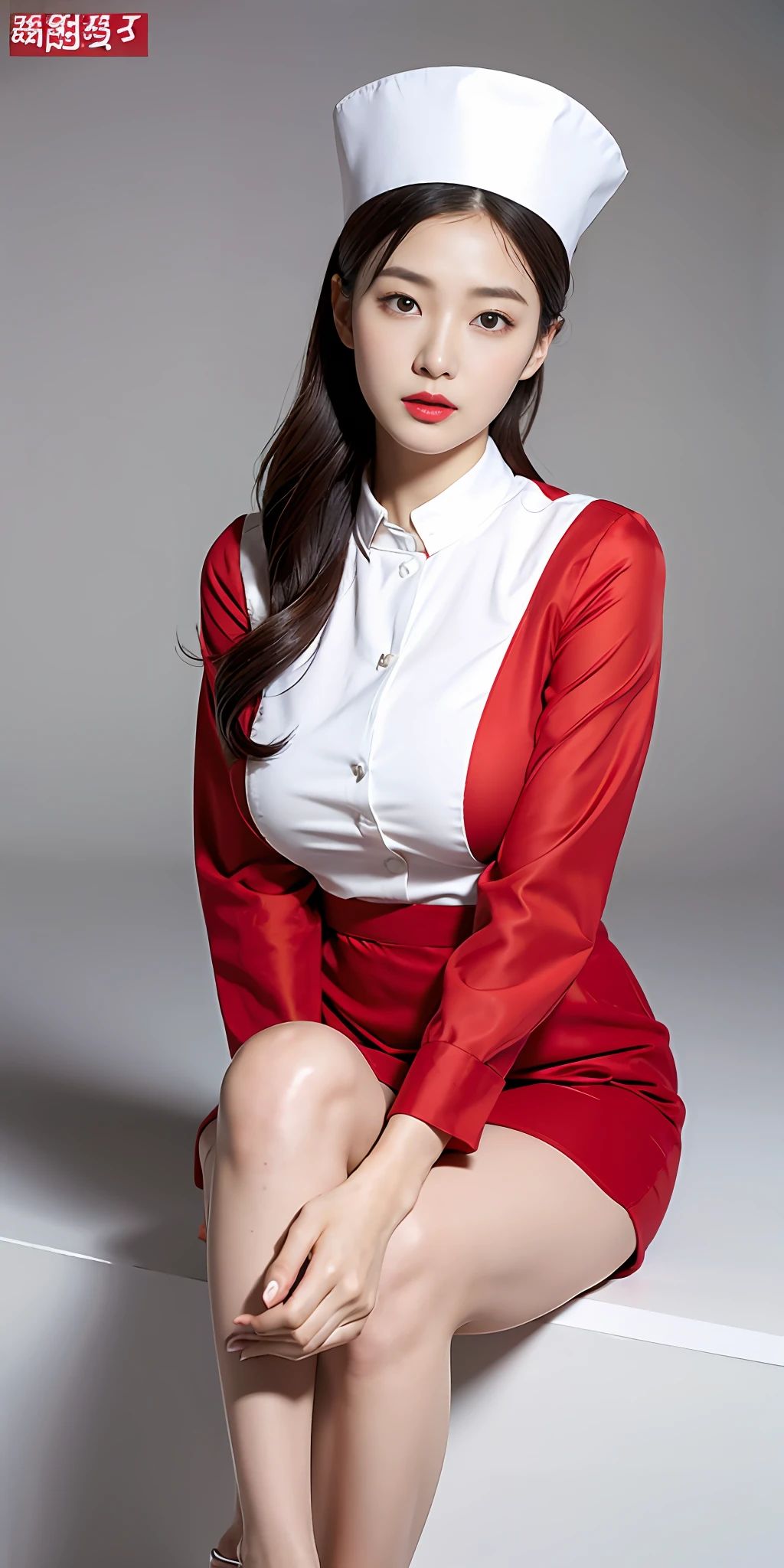 Queen style asian female face,Delicate facial features,prette,Generations wear red nurse uniforms、gossamer、M cup,huge tit,Nice black high heels,prette ,fully body photo,Sit Pose,Flaming red lips,Facing the camera squarely,Plain background、,White nurse hat、Highly detailed and high-resolution 16K images,Her legs should be long and white