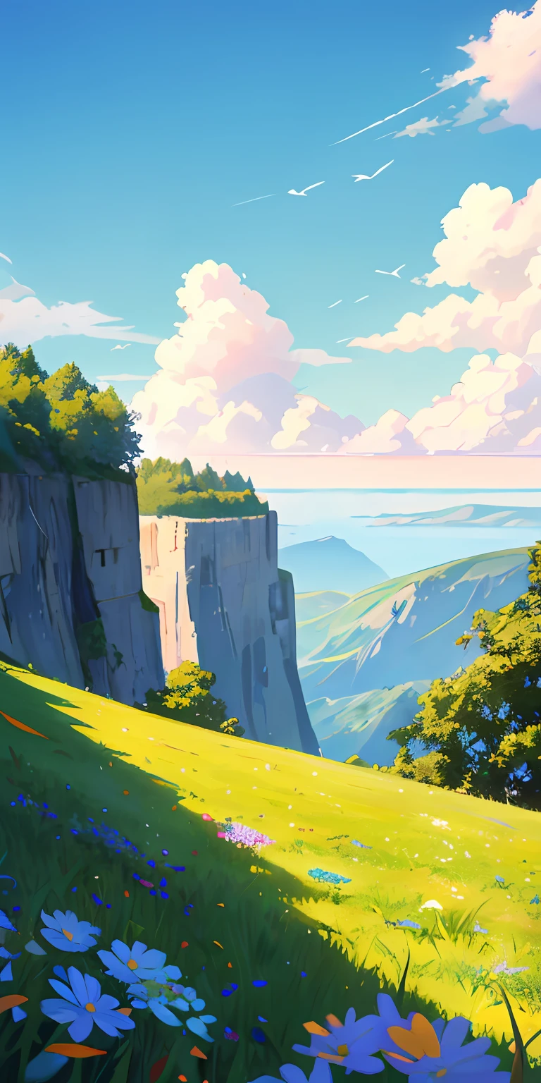 Sunny summer view,Large area of sky,Below the picture is a cliff,The grass is green above