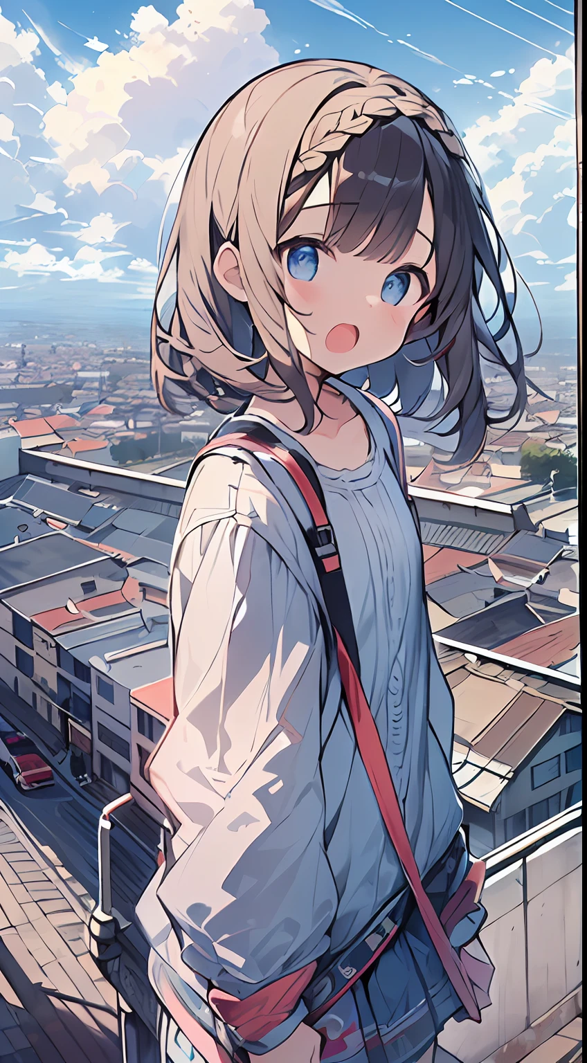 masutepiece, Best Quality,Illustration, Wallpaper, Ultra Detail, absurderes, 1little girl、 Solo, (Medium short hair、short braided hair), Beautiful ultra-detailed eyes , Hair fluttering in the wind、(Street),:o, Beautiful sky,(a panoramic view:1.5),(Sense of depth:1.5),(longshot:1.5)