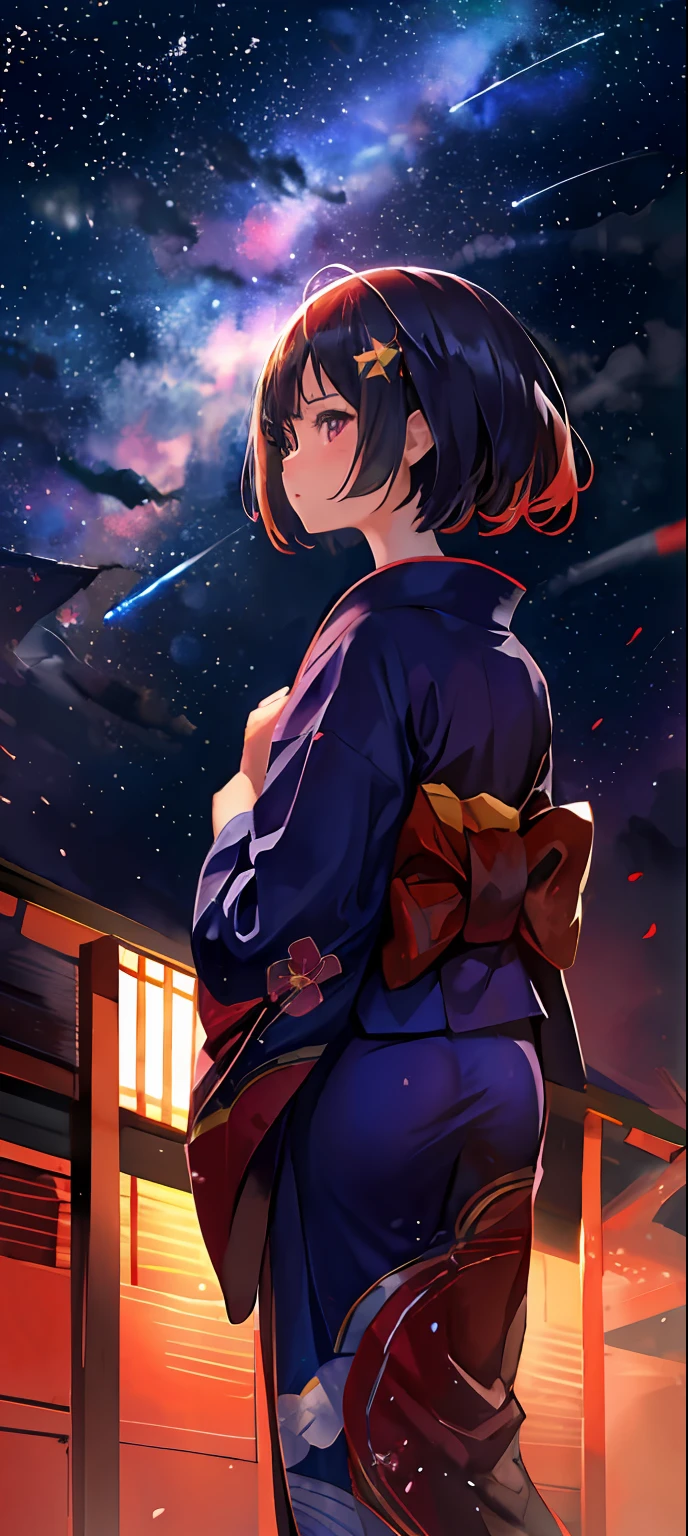 1girl, distant girl wearing a kimono staring at the stars, (zoomed out:1.1), (meteor shower:1.2), (comet:1.1), your name, low angle, from behind, aroura borealis, shooting star, yukata, red kimono, cherry blossoms, standing in a field,best quality, masterpiece,  cloud,colorful, starry,stars,