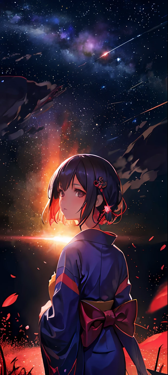 1girl, distant girl wearing a kimono staring at the stars, (zoomed out:1.1), (meteor shower:1.2), (comet:1.1), your name, low angle, from behind, aroura borealis, shooting star, yukata, red kimono, cherry blossoms, standing in a field,best quality, masterpiece,  cloud,colorful, starry,stars,
