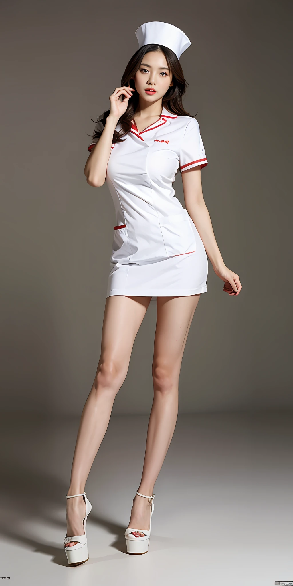 Queen style asian female face，Delicate facial features，prette，Generations wear red nurse uniforms、gossamer、M cup，huge tit，Nice black high heels，prette ，fully body photo，Sit Pose，Flaming red lips，Facing the camera squarely，Plain background、，White nurse hat、Highly detailed and high-resolution 16K images，Her legs should be long and white