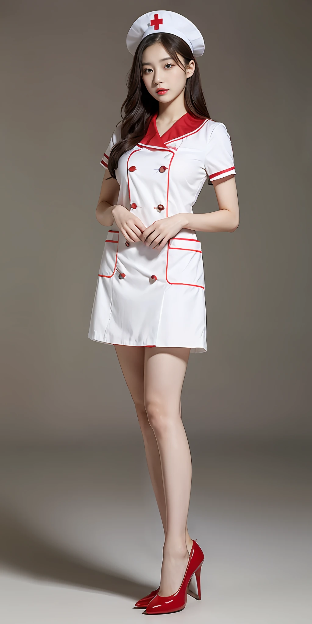 Queen style asian female face,Delicate facial features,prette,young 17 years old,Wearing a red nurse's uniform、gossamer、M cup,huge tit,Nice black high heels,prette ,fully body photo,Sit Pose,Flaming red lips,Facing the camera squarely,Plain background、,White nurse hat、Highly detailed and high-resolution 16K images,Her legs should be long and white