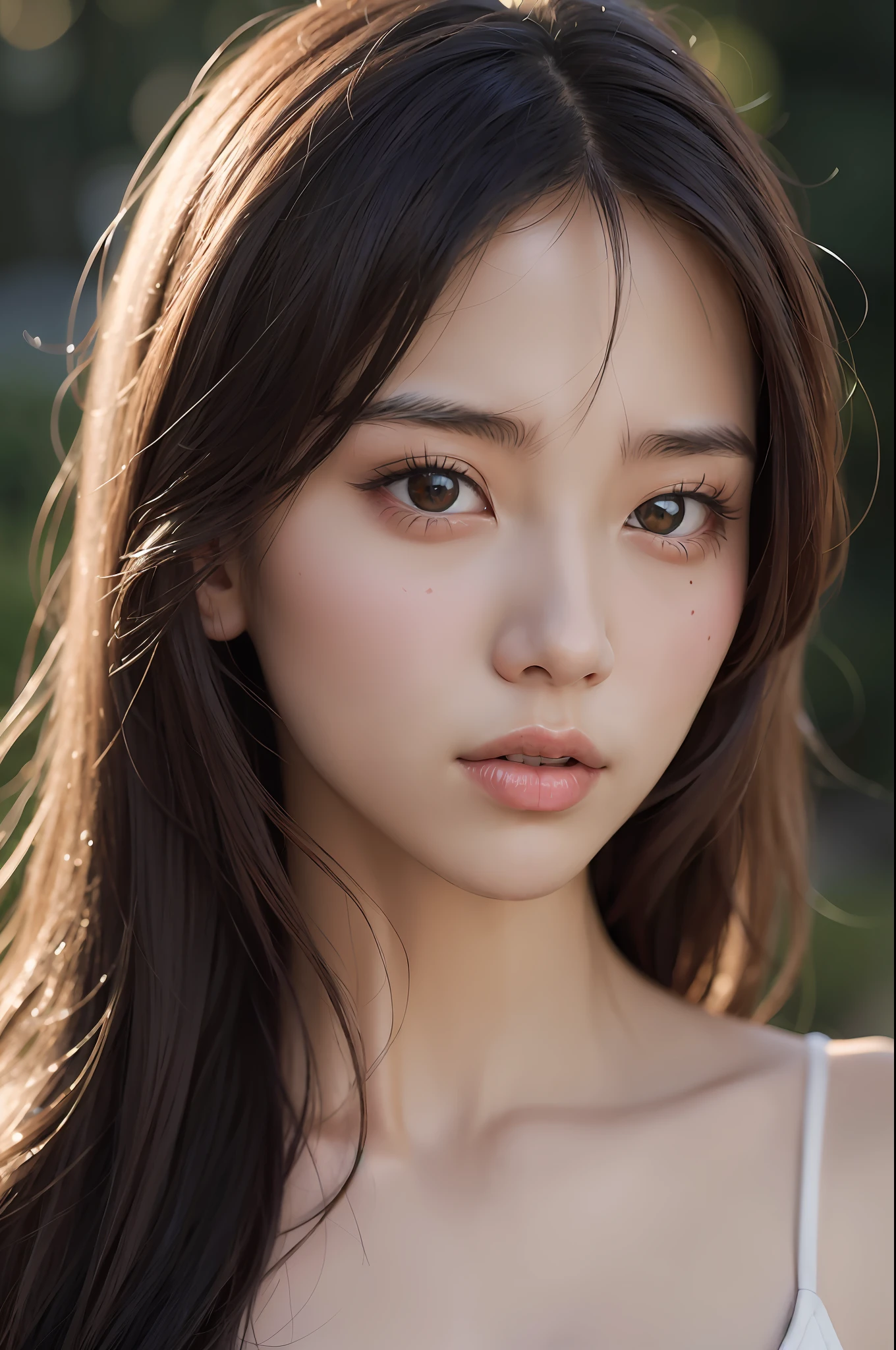 a close up of a woman with long hair and a white top, young lovely Korean faces, beautiful Korean women, Beautiful young Korean woman, Gorgeous young Korean woman, Korean face features, Soft portrait shot 8 K, asian beautiful face, Korean girl, popular korean makeup, Popular Korean makeup, beautiful delicate face, beautiful aesthetic face, girl cute-fine face