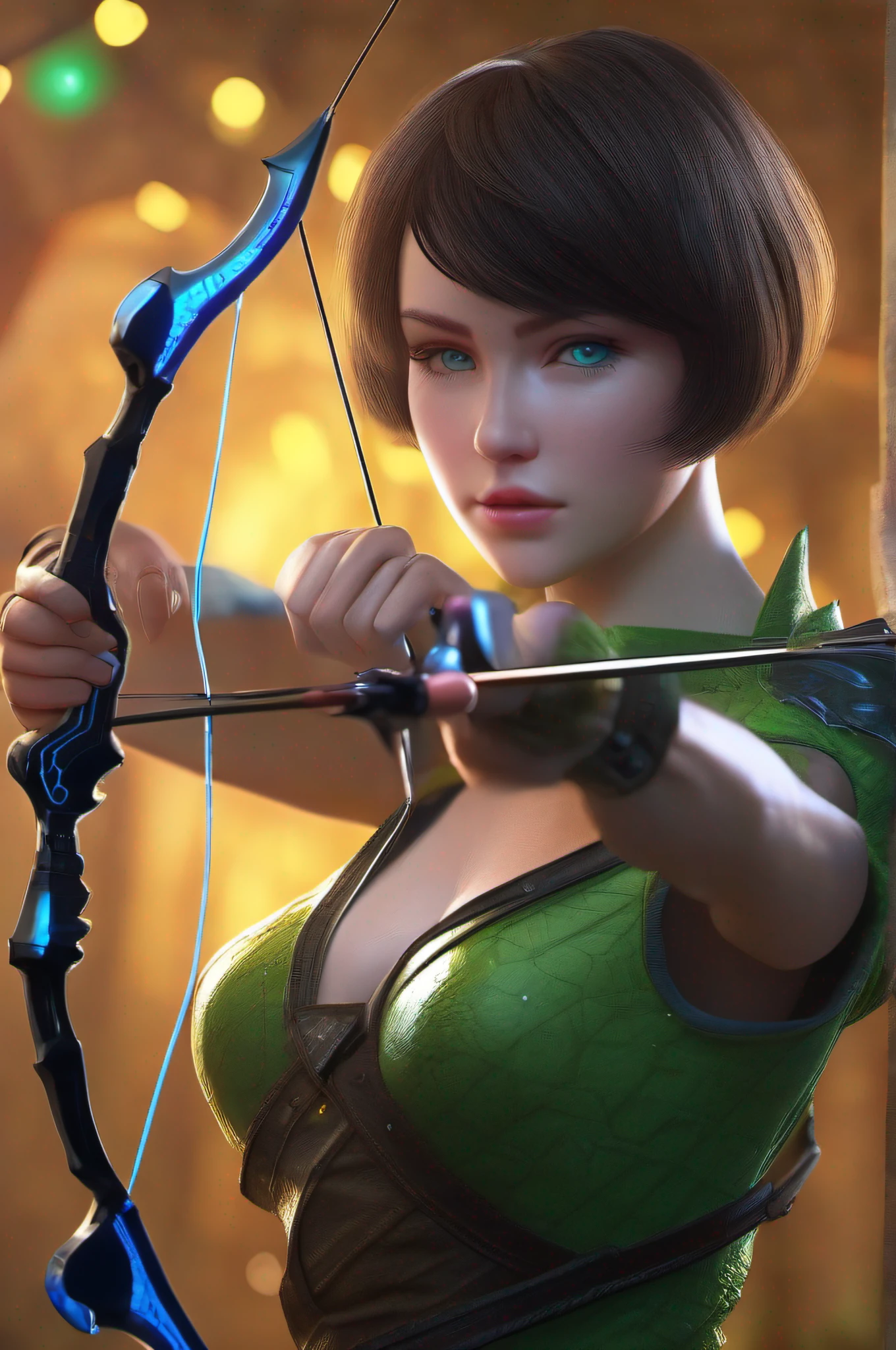 a beautiful girl is playing archery, green short hair, blue eyes,Conceptual art, best photo shot, glowing light, realistic, UHD, textured skin, masterpiece, anatomically correct, best quality, 8k, full body