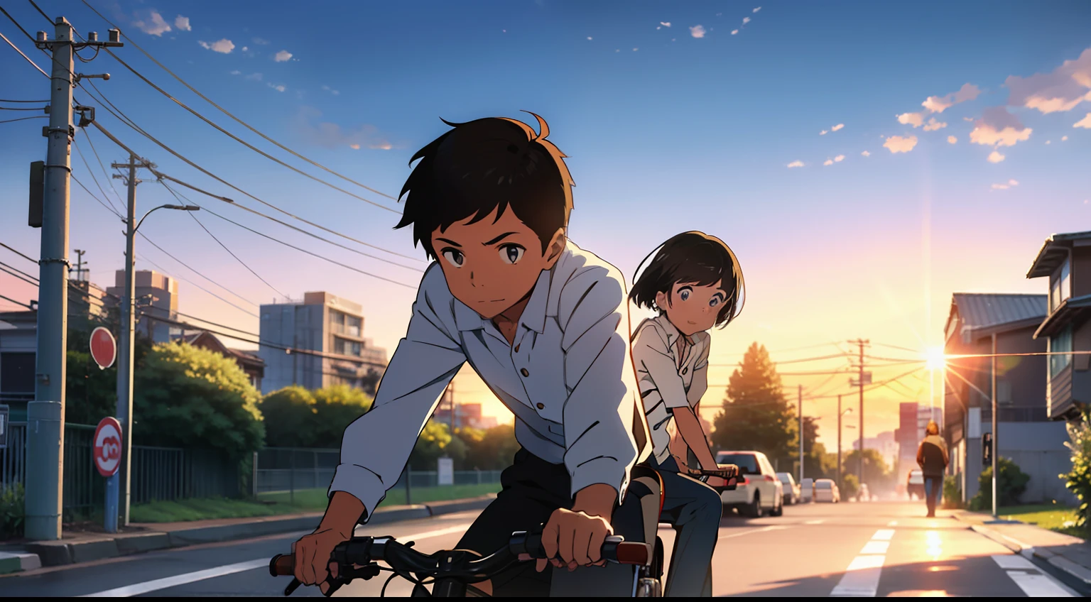 street,Blue sky,the setting sun,A boy in a white shirt,Riding with a cute girl with short hair