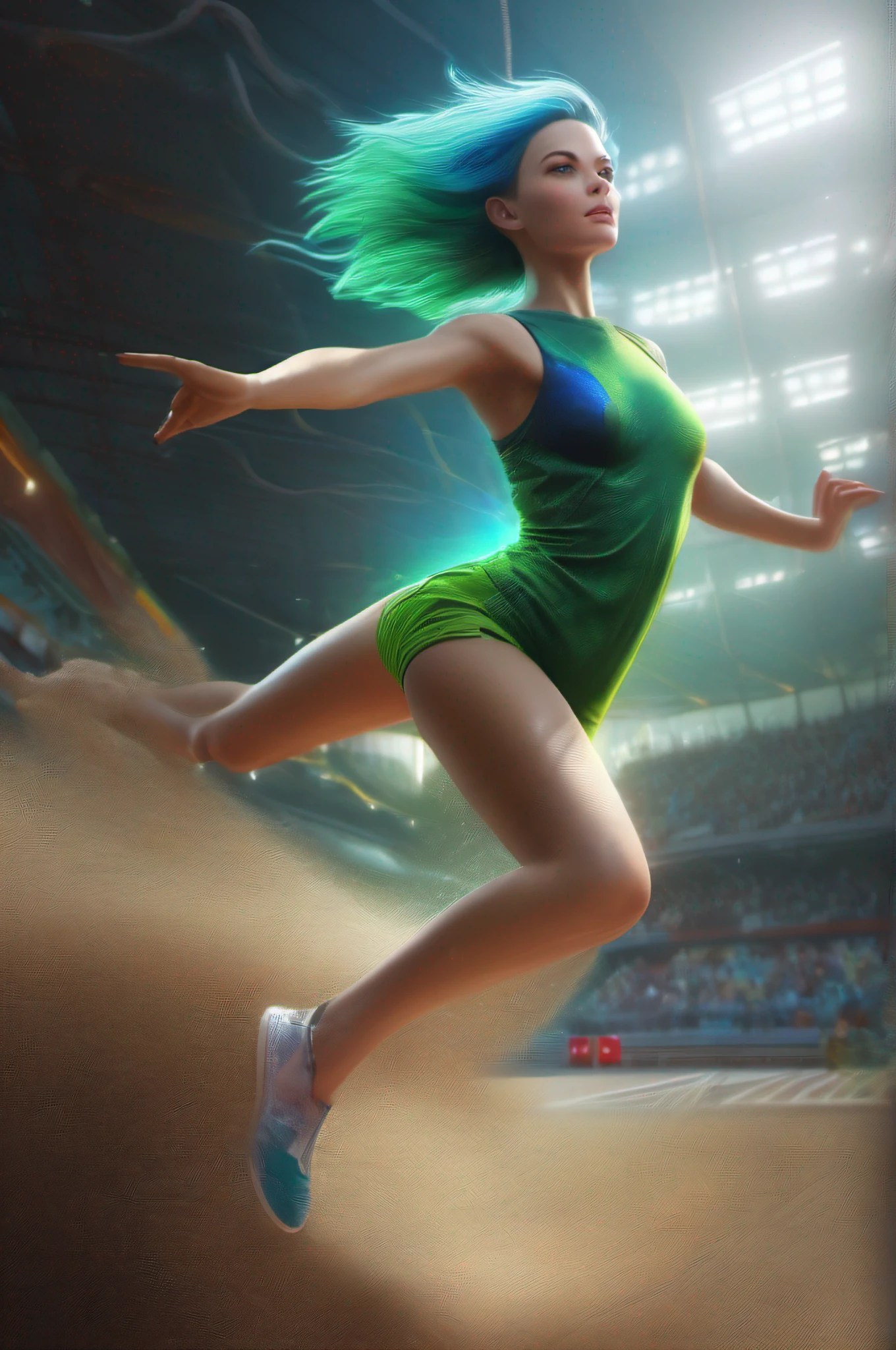 a beautiful girl is playing long jump, green short hair, blue eyes,Conceptual art, best photo shot, glowing light, realistic, UHD, textured skin, masterpiece, anatomically correct, best quality, 8k, full body