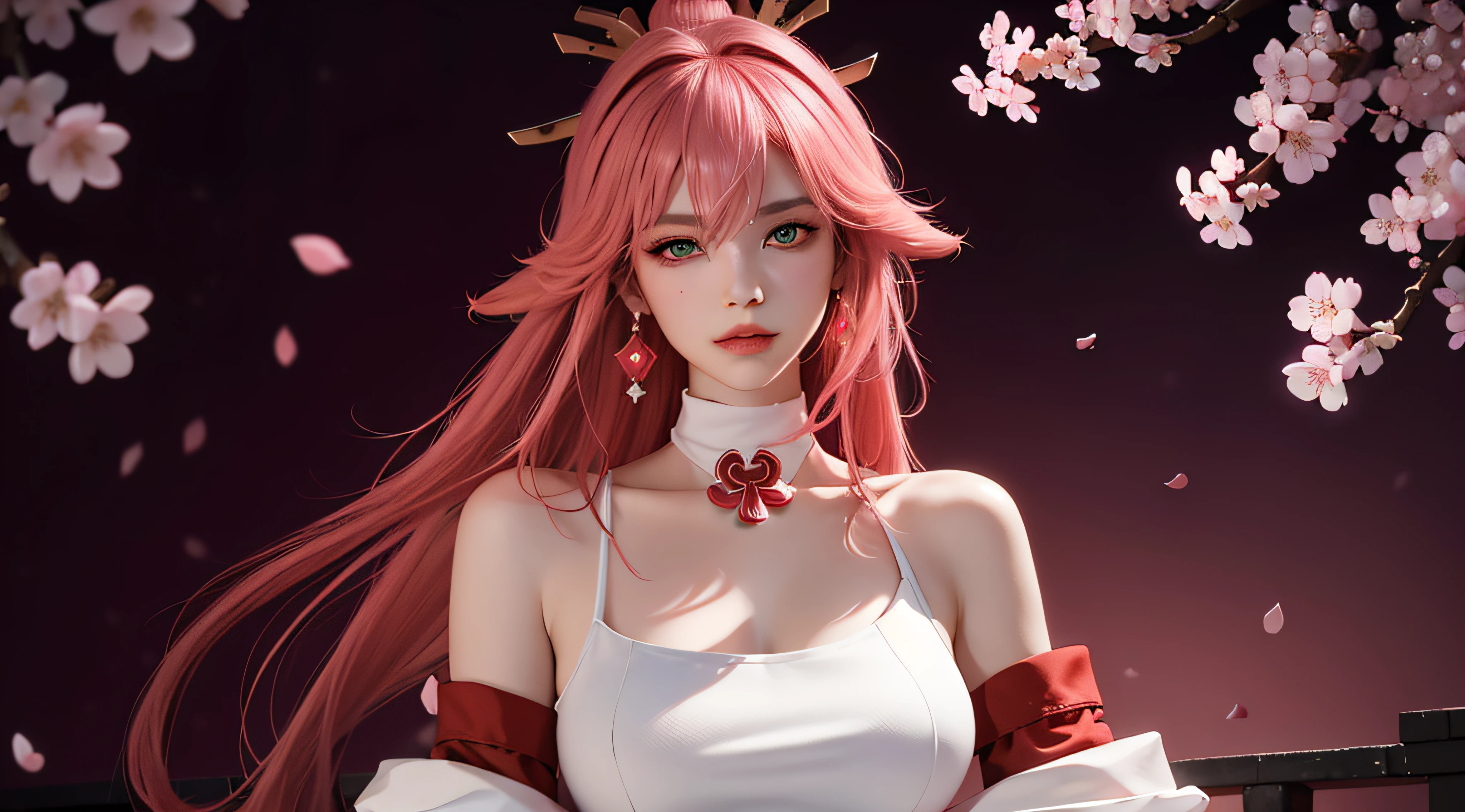 (Masterpiece, Excellent, 1girl, solo, complex details, color difference), realism, ((medium breath)), off-the-shoulders, big breasts, sexy, Yae Miko, long pink hair, red headdress, red highlight, hair above one eye, green eyes, earrings, sharp eyes, perfectly symmetrical figure, choker, neon shirt, open jacket, turtleneck sweater, against the wall, brick wall, graffiti, dim lighting, alley, looking at the audience, ((mean, seductive, charming)), ((cherry blossom background ))),((Japanese temple background)))), (((Glow-in-the-dark background)))
