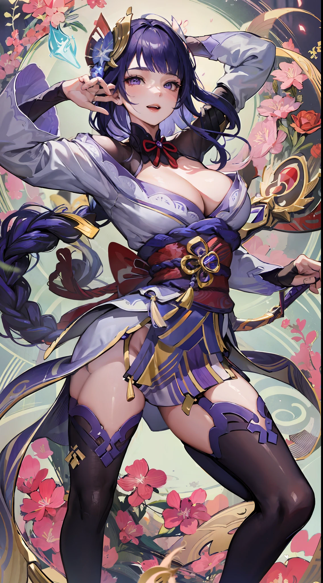 Raiden General Genshin Impact ,ssee-through,Fleshy thighs,Thunder Sword,Pose,Poster publicity style,Simetall,busty figure,C cup,Happy expression