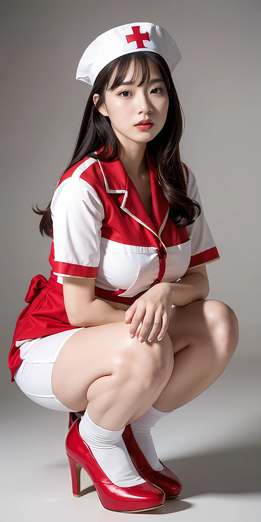 Queen style asian female face,Delicate facial features,prette,young 17 years old,Wearing a red nurse's uniform、gossamer、M cup,huge tit,Nice black high heels,prette ,fully body photo,squatting pose,Flaming red lips,Facing the camera squarely,Plain background、,White nurse hat、Highly detailed and high-resolution 16K images,Her legs should be long and white