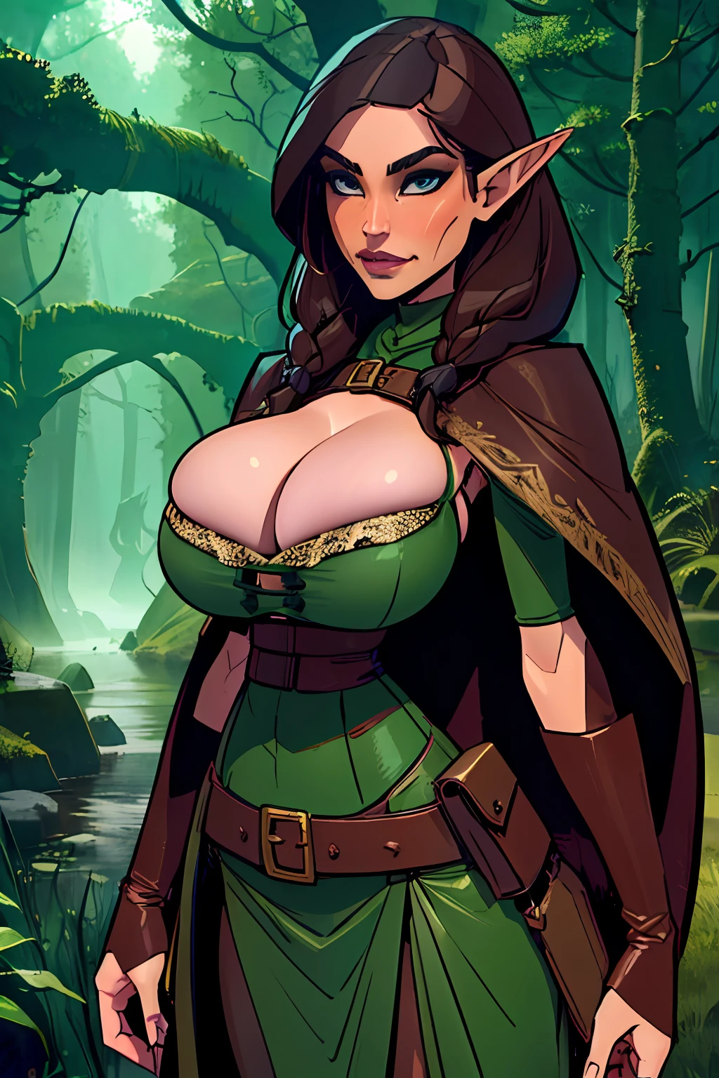 (masterpiece, top quality, best quality, official art, beautiful and aesthetic:1.2), (1girl:1.3), dark brown hair in a single braid, extremely detailed, portrait, looking at viewer, solo, (full body:0.6), detailed background, close up, cat eyes, (warm summer forest theme:1.1), elf ranger, charlatan, smirk, mysterious, walking in forest, revealing ranger attire, brown leather, cowl, cloak, corset, long boots, buckles, straps, pouches, bow and arrow, green fabric, brown leather, gigantic breasts, slim waist, slim hips, long legs, medieval (forest exterior:1.1) background, dark mysterious lighting, shadows, magical atmosphere, dutch angle, (((balsamique)))