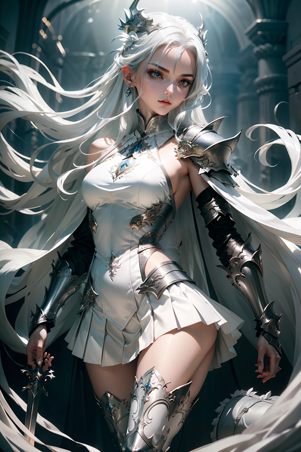 tmasterpiece，Best image quality，woman，Dragon Knight，Overhead light，Slender body，Elegant posture，Long hair in white color，Short pleated skirt，Bare chest，show legs，On the shoulders is silver-white armor，The body has silver-white decorations，White stockings silver adorn the legs，Hold a sword in hand