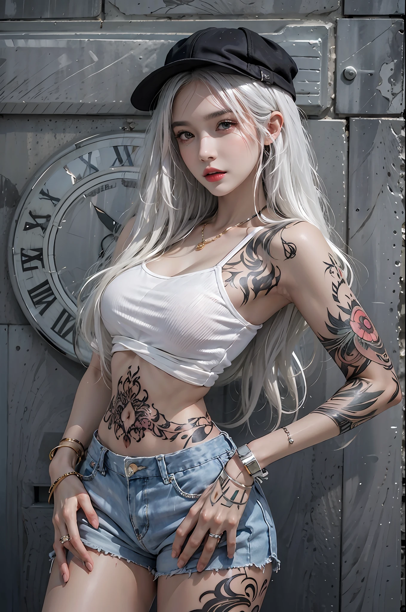 photorealistic, high resolution, 1women, solo, hips up, look at viewer, (detailed face), white hair, long hair, street wear, jewelry, belly tattoo