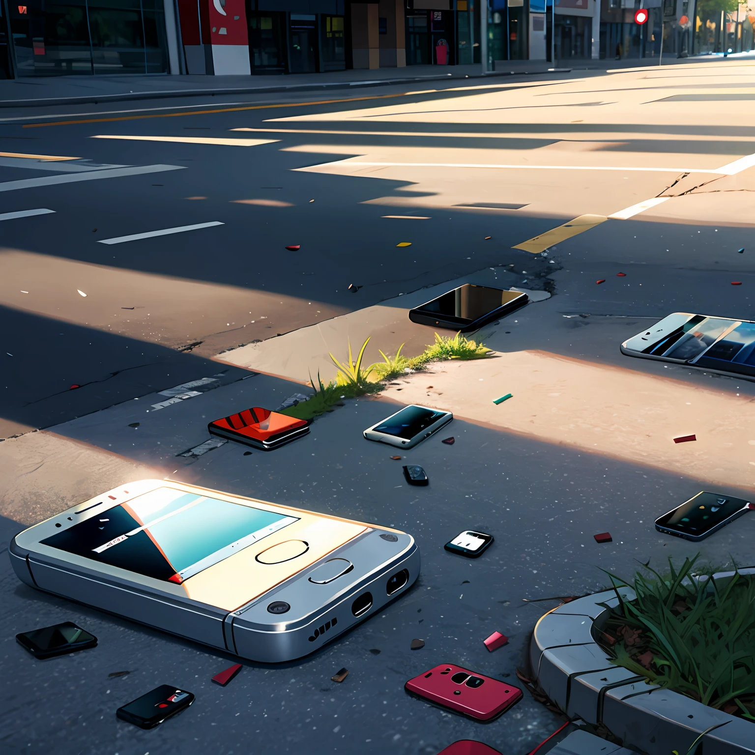 There are many mobile phones scattered on the ground