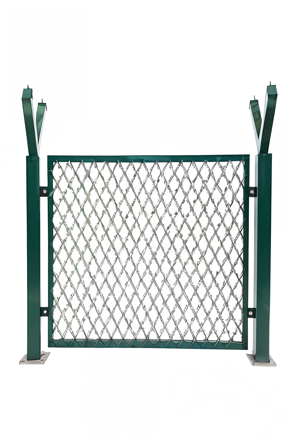 Close-up of green fence with metal door, tartan, Hard web posts, plaques, zaun, metal, art-deco, small fence, single panel, fence, Iron frame, Perforated metal, modern, art - deco, art-deco, Hexagonal mesh, sturdy, metal panels, Masterpiece, composite, medium frame, King