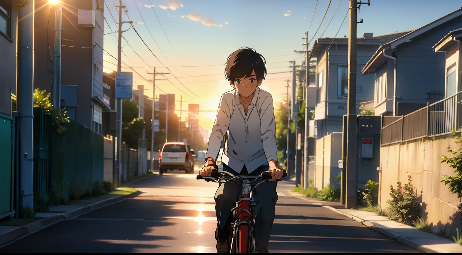 street,Blue sky,the setting sun,A boy in a white shirt rides a bicycle,Behind was a cute girl with short hair