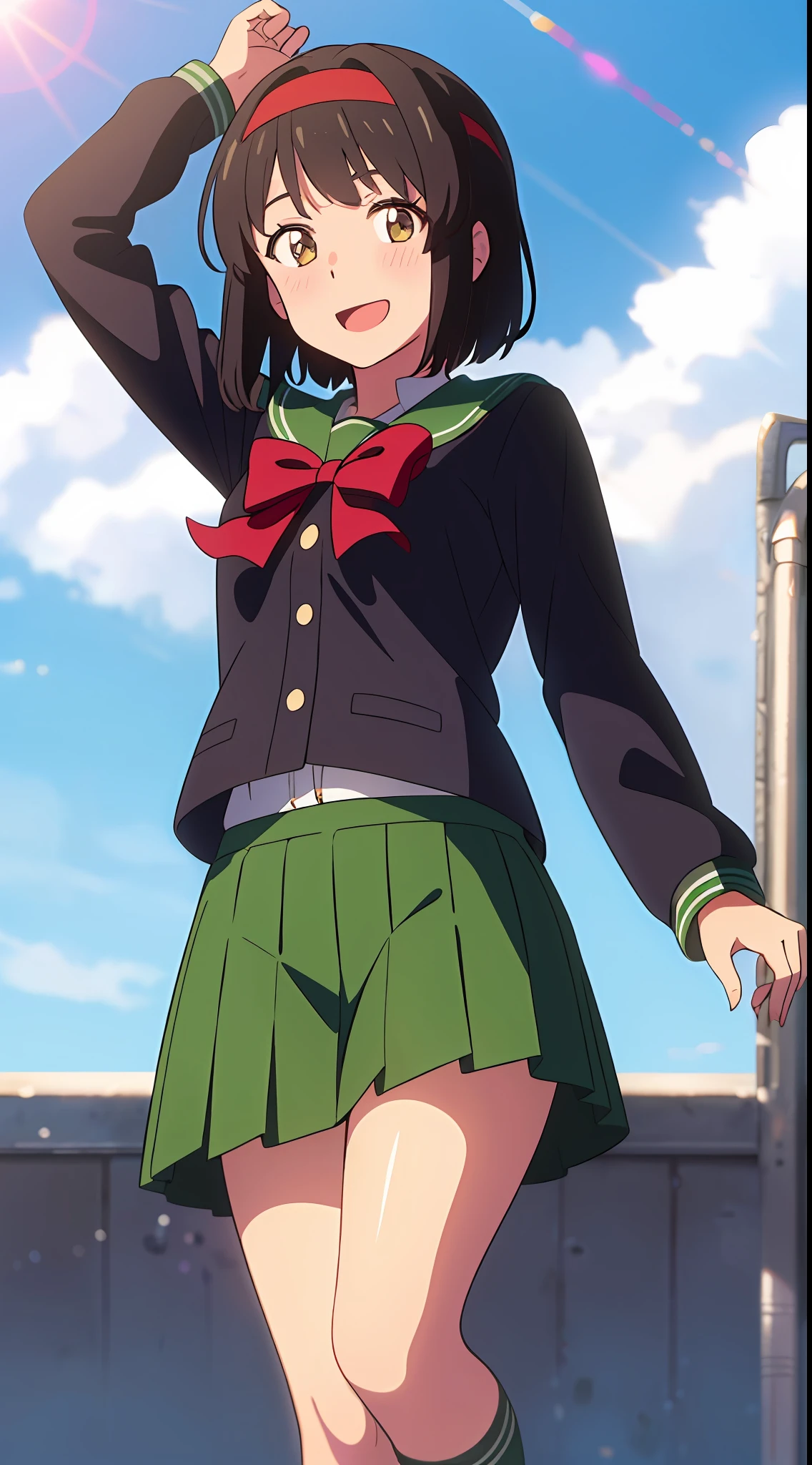 shinkai makoto, kimi no na wa., 1girl, bangs, black hair, blush, brown eyes, sky, cloud, sailor collar, green sailor collar, sailor color, green sailor color, serafuku, looking at the viewer, outdoors, headband, red headband, ribbon, red ribbon, bow, red bow, school uniform, short hair, solo, shirt, white shirt, skirt, green skirt, pleated skirt, long sleeves, smile, happy, open mouth, lens_flare, afternoon hangout