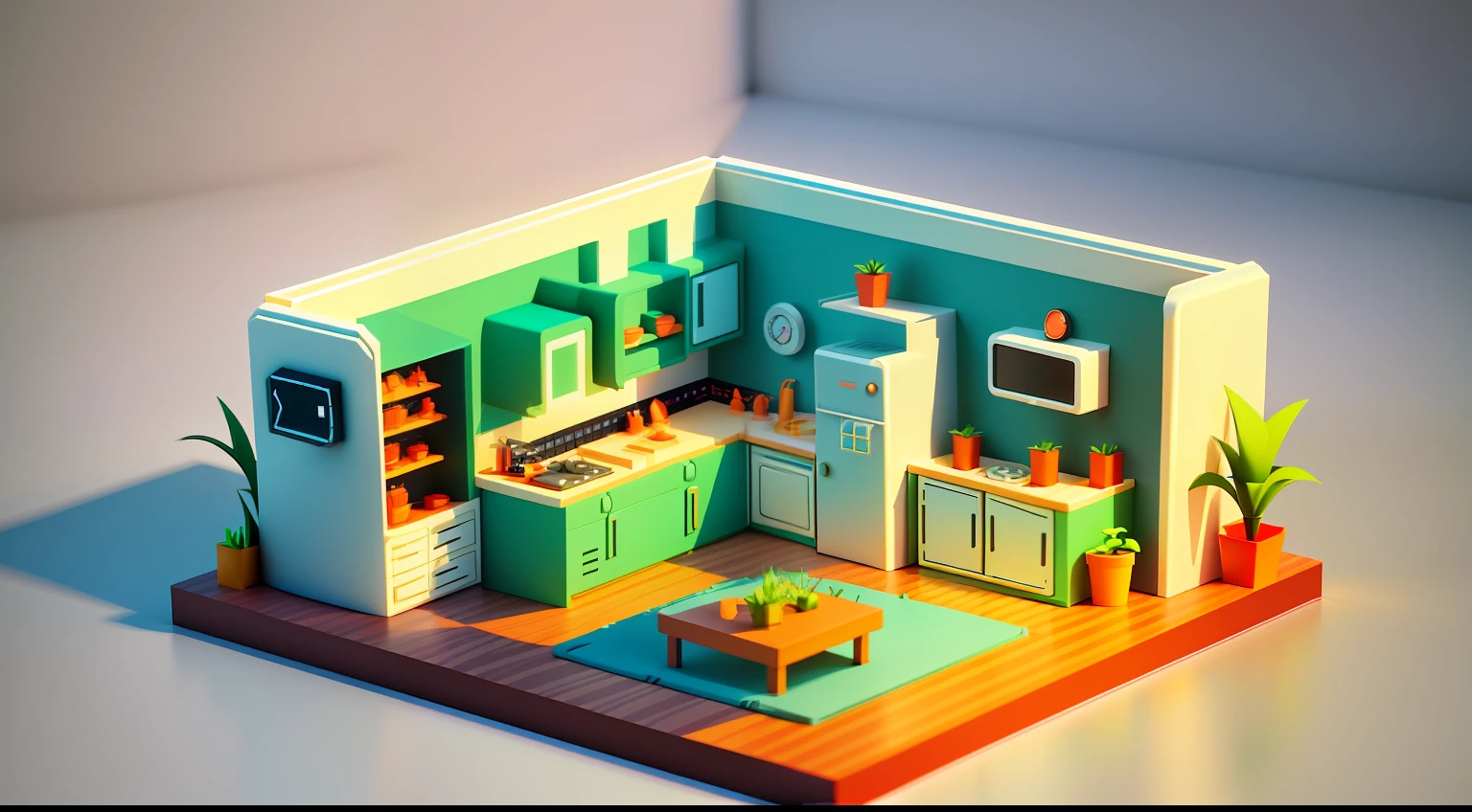 Isometric style，120 degrees accurate，Polyart，Stylized 3D rendering，small rooms，3D stylized scene，Warm