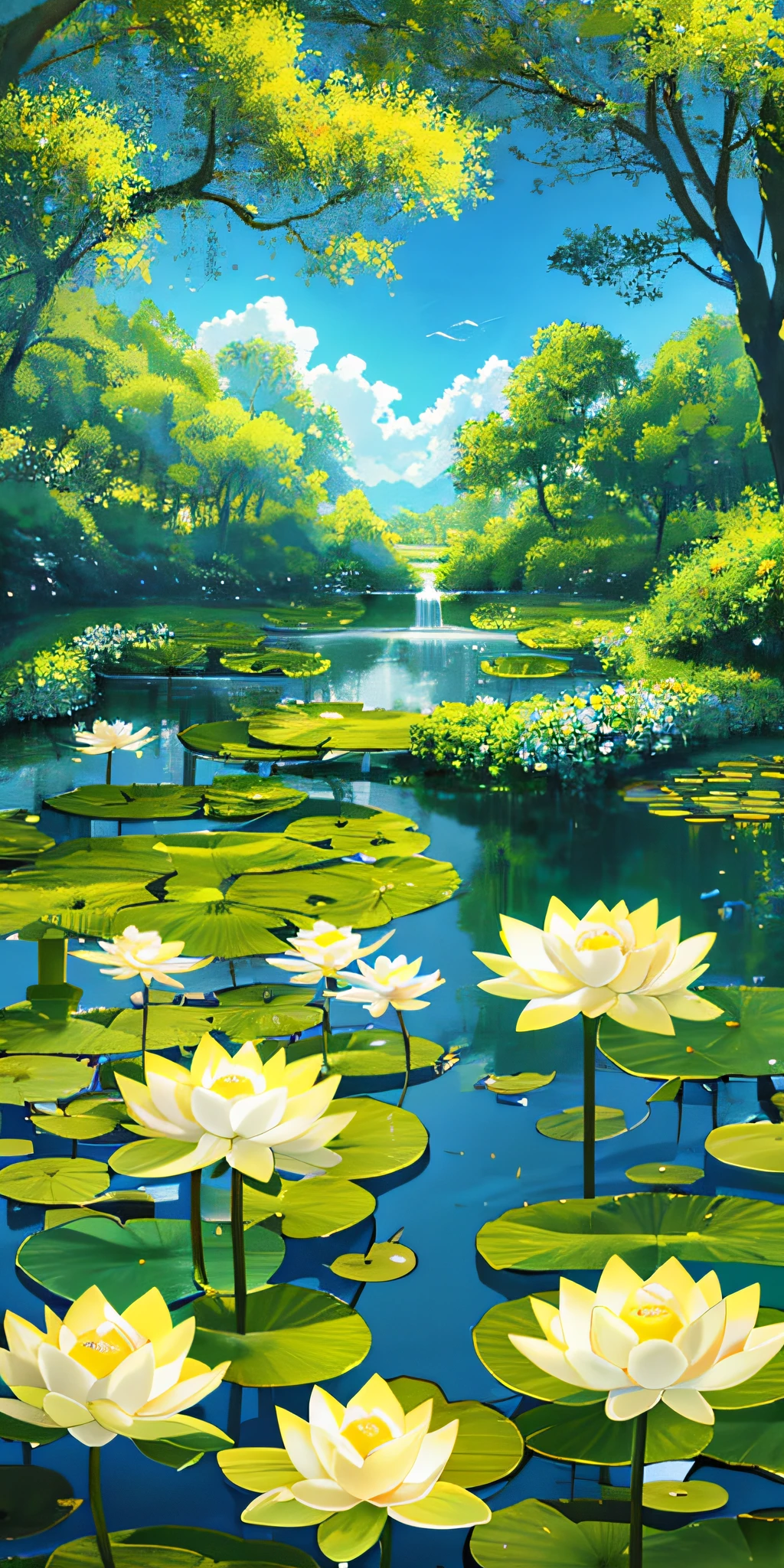 Anime landscapes，summer day，lotuses，ponds，rays of sunshine