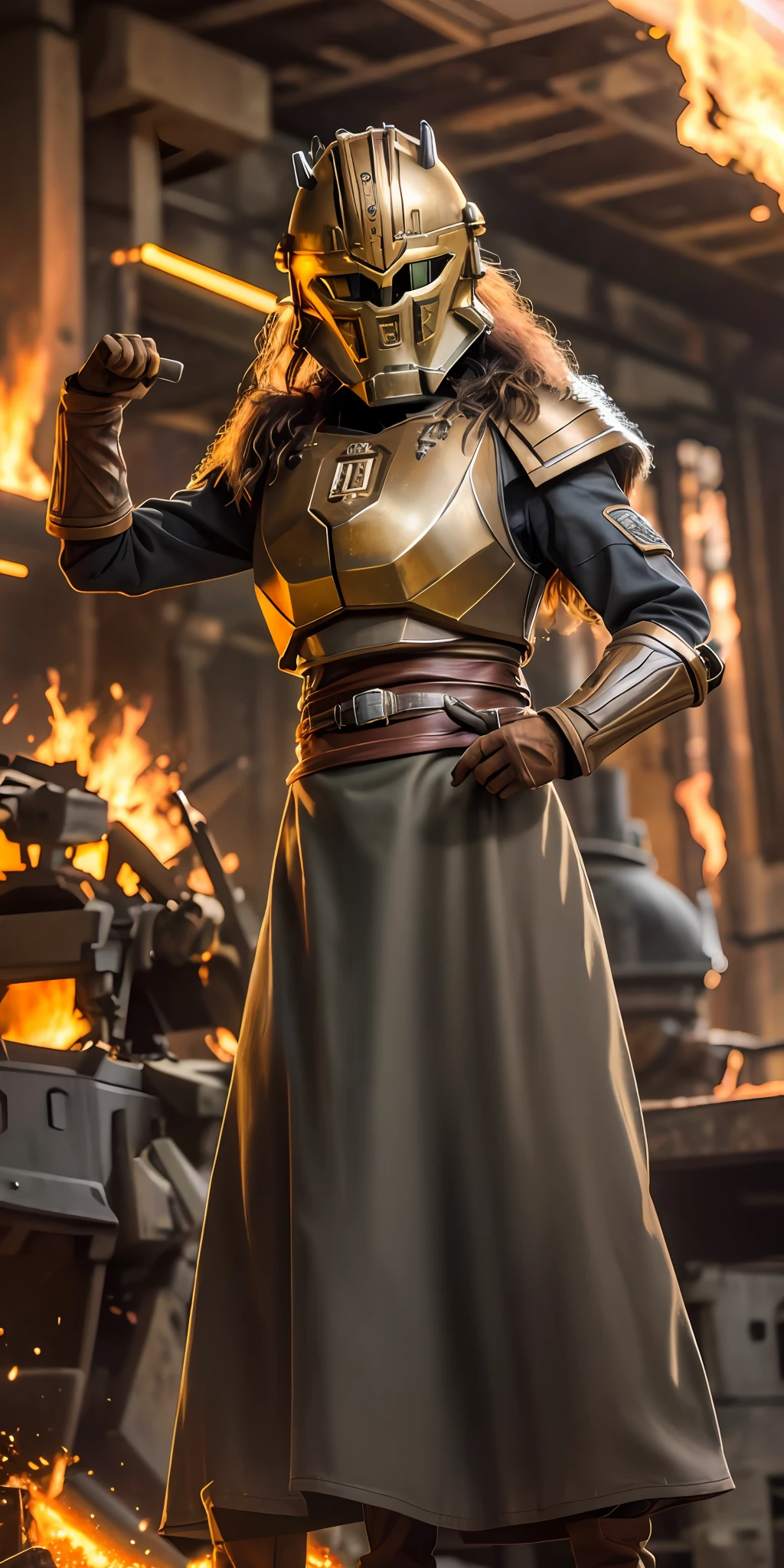 Portrait photo of an alpha female, intricate armor, thearmorer, long hair, big breast, in a worn mecha suit, intricate, (rust), sharp focus, photo by greg rutkowski, soft lighting, vibrant colors, masterpiece, anvil, raw metal, melted metal, fire smelter, (((blurred fire crackle))), forging, hammer, (((indoor smelter))), cowboy shot, dynamic pose,