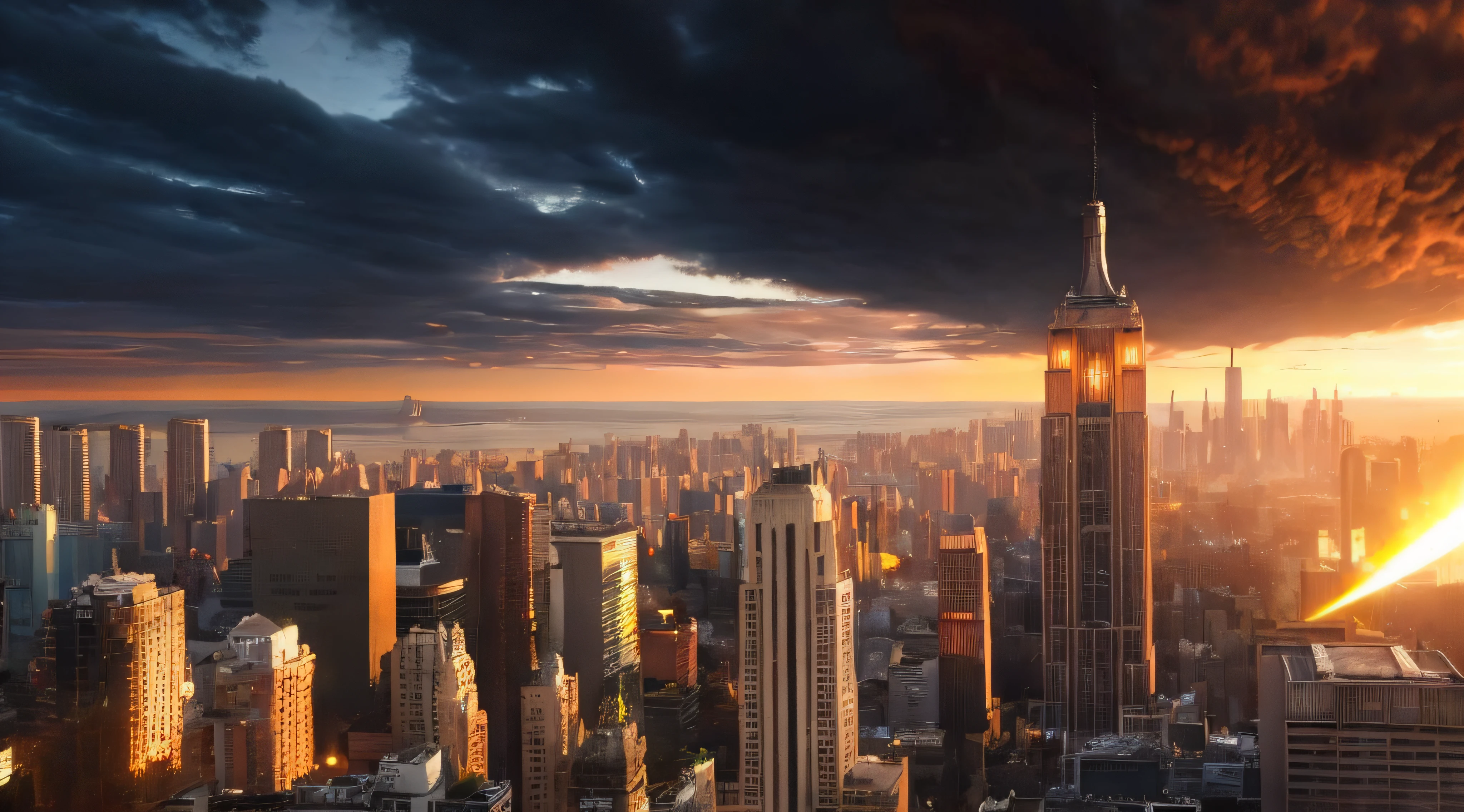 Armageddon、end of the world、The Destruction of the City、Rays from the sky、A great catastrophe、8K、Raw-Photo、Top Quality、masterpiece:1.5、Ultra-lightweightHigh resolution;、Photorealcitic:1.5、Cinematic Light、Soft volumetric lighting:1.5、realisitic、Photorealcitic:1、Detailed skins、profesional lighting、a photo of、foco nítido、The Details、profesional lighting、photon maping、Detailed and complex environments、ighly in detail、Top Quality、Artistic photography、photorrealistic concept art、Smooth, natural volumetric cinematic perfect lighting、midjourney、Detailed hands、