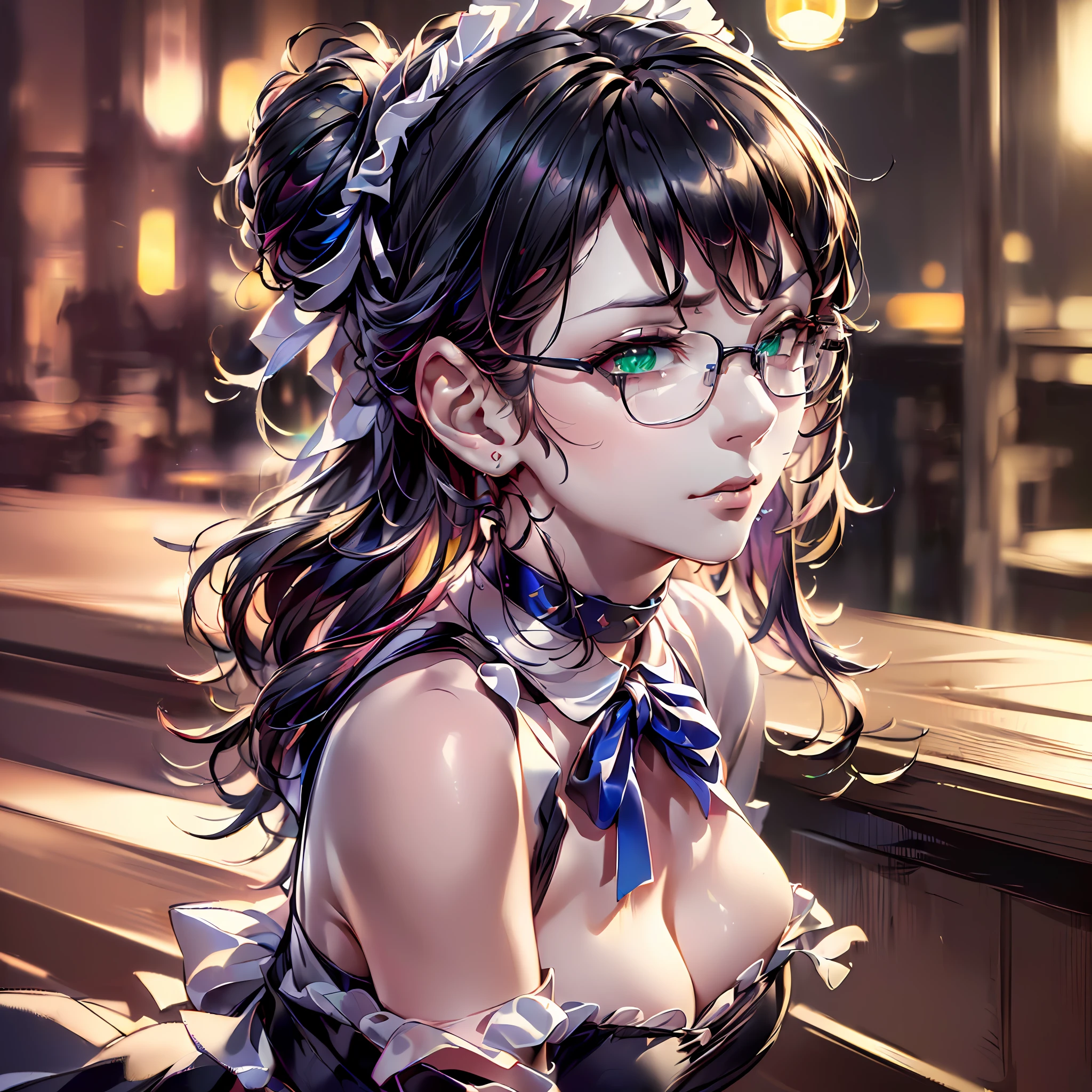 (64k, RAW photo, highres, best quality, masterpiece:2.0), (ultra-fine depiction of the detail:2.0), (realistic, beautiful, photo-realistic:1.3), 1girl, (yuri alpha), (long black hair, slightly messy), (slightly messy diagonal bangs:1.0), (single braid bun, double bun), (shiny black hair, blue-gray eyes), (cool glasses), (gothic style vivid blue choker), (blue bowtie and ribbon), (simple but high-quality maid dress), (elaborately designed, vivid dark emerald green, spiked gantlets), (solemn maid dress with gothic style coreset), (huge breasts, sexy cleavage), (elegant and handsome woman), (shiny skin, pink lips), (looking at the viewer), (closed mouth, a faint smile), (a caring, gentle gaze towards the viewer:1.2), (at a quiet bar counter, in the night, filled with solemn, mysterious atmosphere), (highly sophisticated professional HDR, with effective ambient occlusion, perfectly optimized effective spot light and front light:1.8), (perfect, natural, harmonious composition), (photo-realistic, ultra-detailed:1.5), ((portrait:1.6))