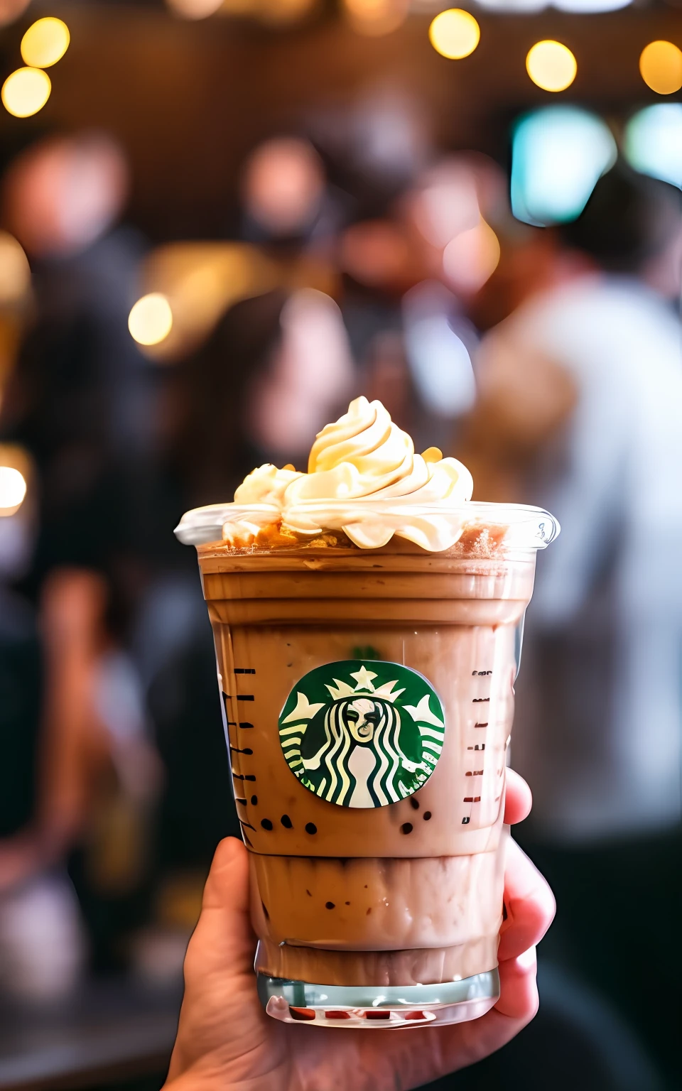 POV photo of an amazing capuccino milkshake with chocolate syrup. busy Starbucks dinner interior background, people in background, Starbucks logo on the glass, Cinestill 800T