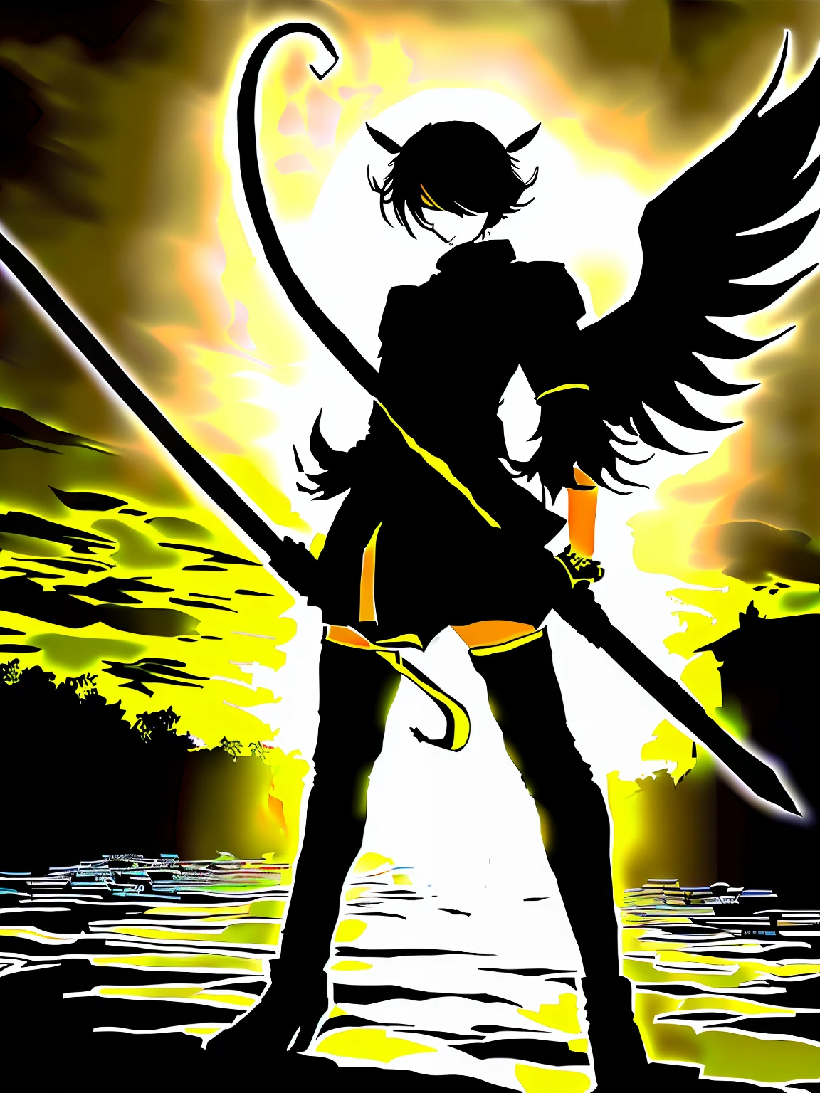 Full body view of a fallen angel teenager,There is no halo,Stand on reflective ground,The left hand wears a gold and black bracelet,Hold a sharp scythe in your right hand,The expression is untamed。