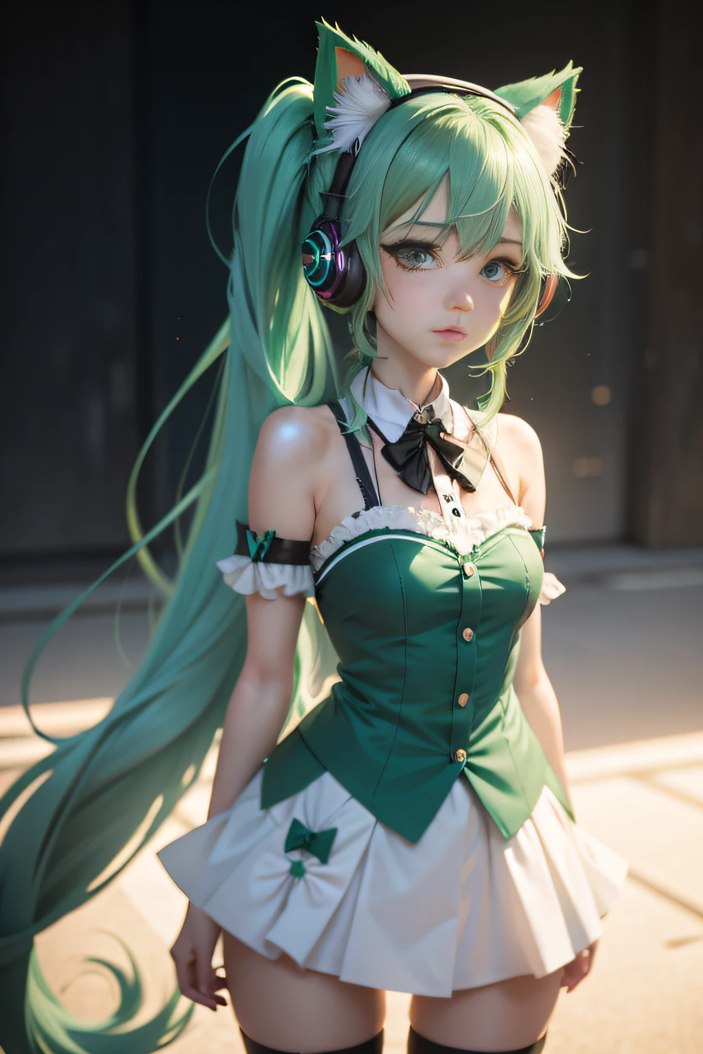 miku, green hair, hair bow, ribbon, gradient eyes, cat ear headphones, shy, anime, ray tracing, highres, anatomically correct