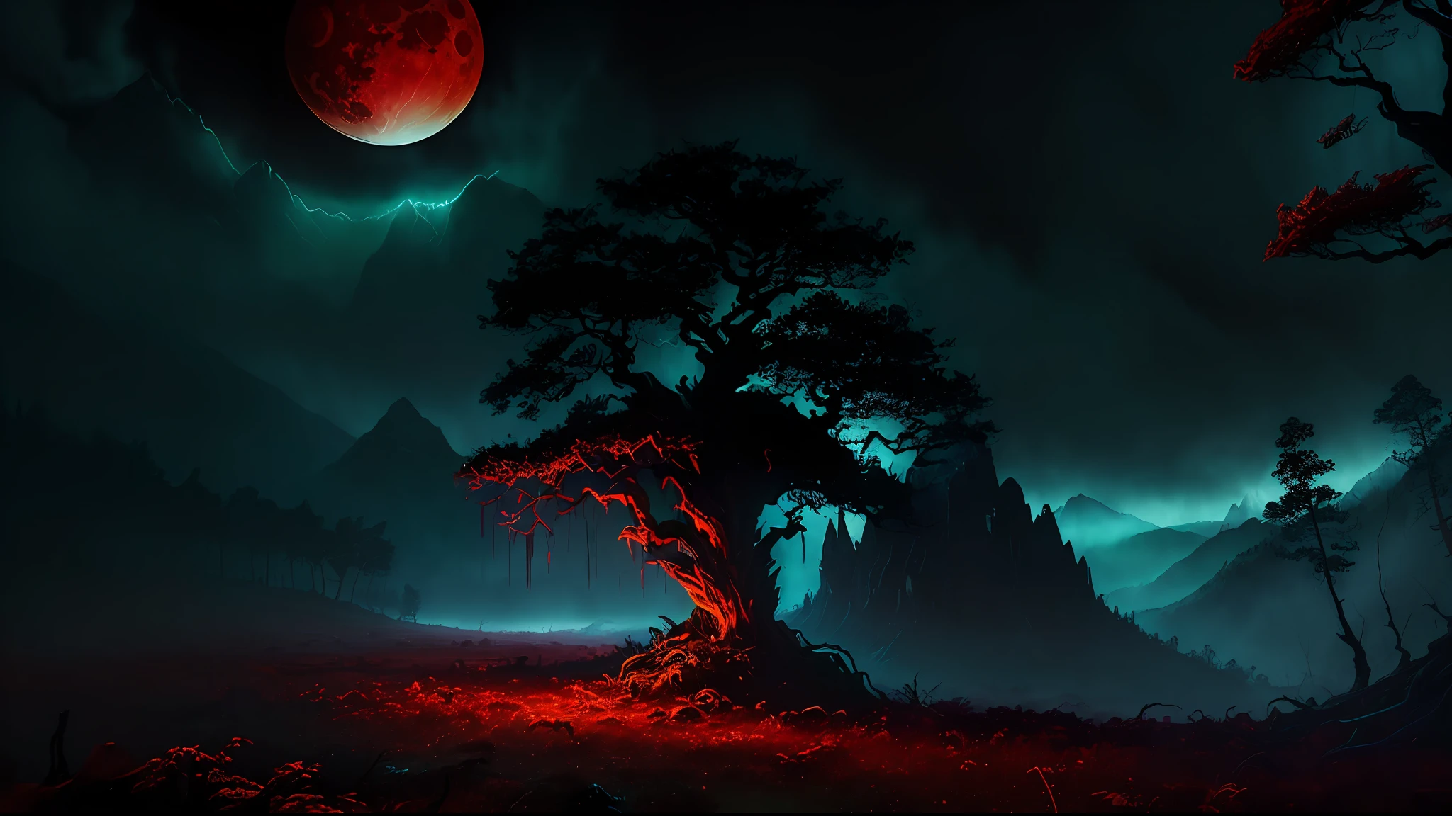 (masterpiece, best quality:1.4), (captivating digital art), cinematic lighting, colorful, high contrast, eerie mountain landscape, lush grass, twisted trees, night scene, (horror theme:1.2), (menacing monster:1.2) lurking in shadows, dark atmosphere, blood rain pouring down, blood-red river flowing, haunting blood moon in the sky, chilling and intense visual experience