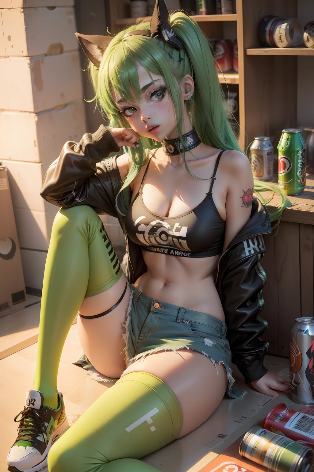 araffe girl with green hair sitting on the floor next to cans of soda, anime girl drinks energy drink, soda themed girl, real life anime girl, Anime girl cosplay, photorealistic anime, Hyper realistic anime, realistic anime 3 d style, Seductive Anime Girl, charming anime girls, 3 d anime realistic, Realistic anime, perfect android girl