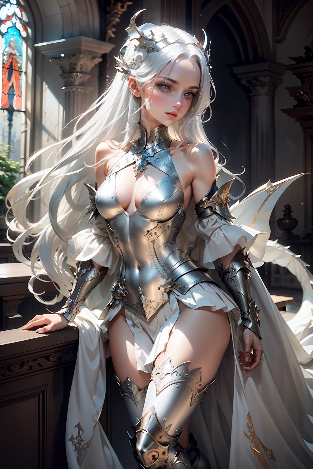 tmasterpiece，Best image quality，woman，Dragon Knight，Overhead light，Slender body，Elegant posture，Long hair in white color，Short pleated skirt，Bare chest，show legs，open waist，Bare arms，On the shoulders is silver-white armor，The body has silvery-white decorations，White stockings silver trim legs，Hold a sword in hand，Background church window top