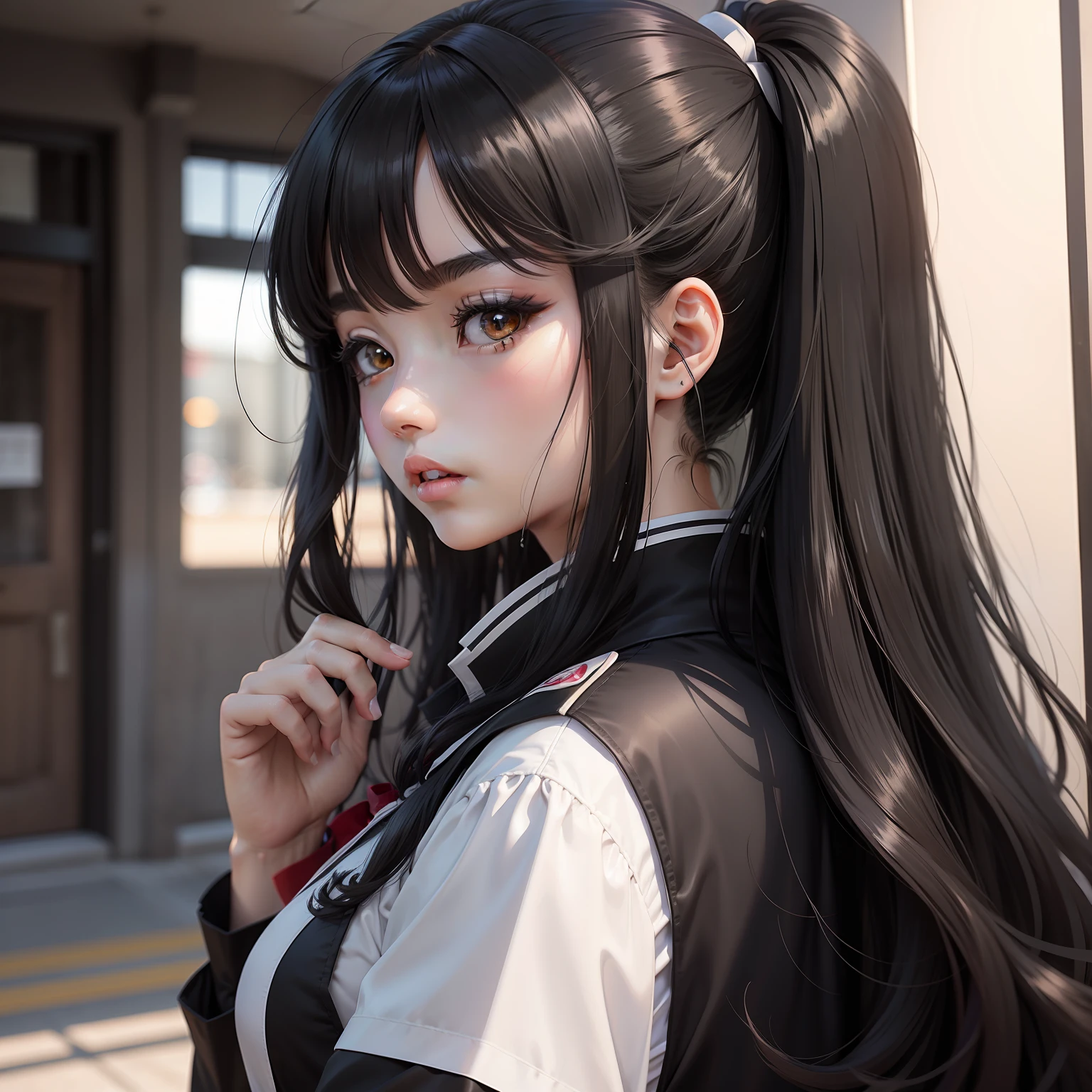 Anime female 20 years old JK uniform black silk white long hair