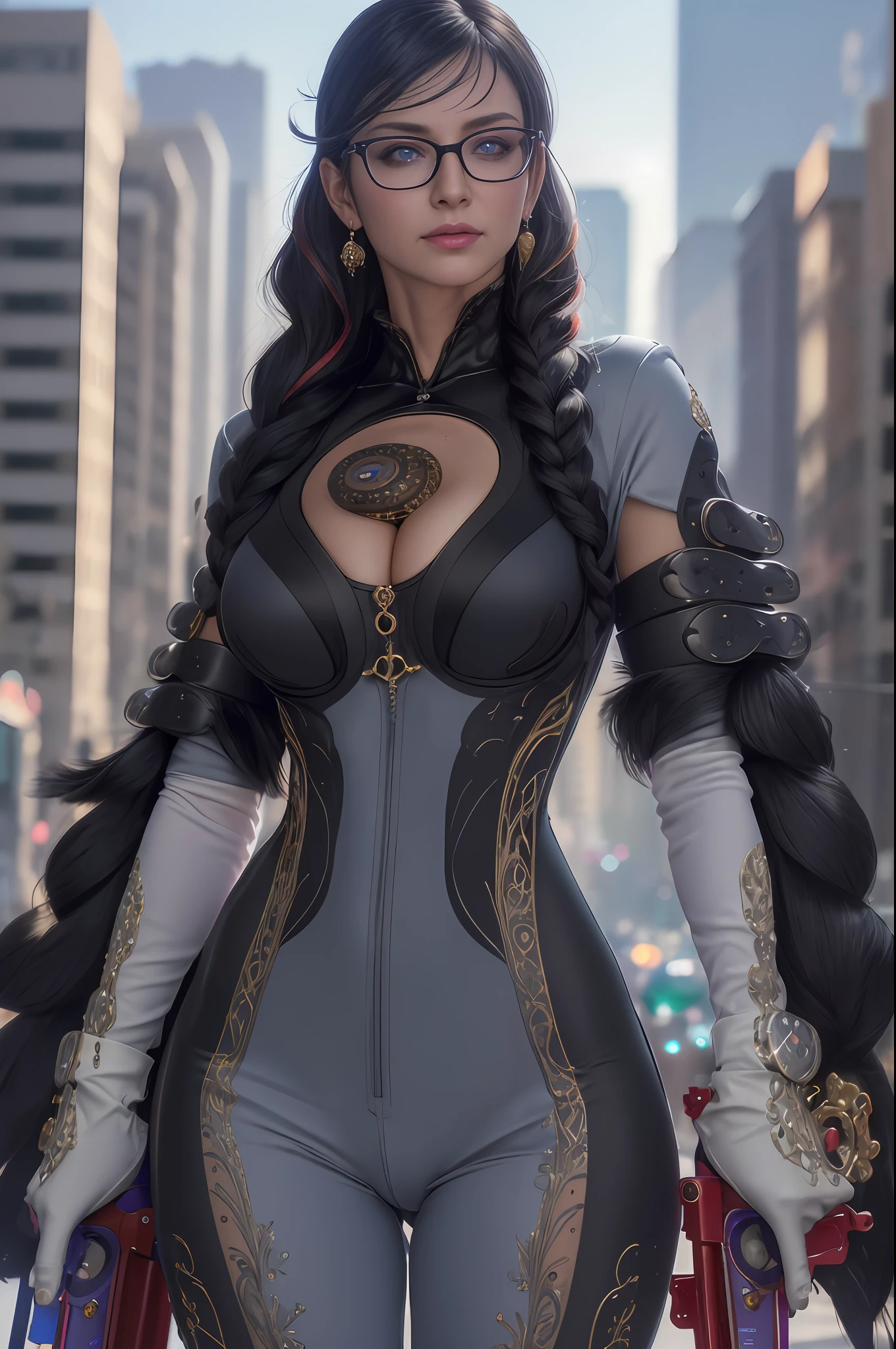 cereza, 1girl, solo, breasts, glasses, blue eyes, gloves, ribbon, cleavage, jewelry, weapon, ass, earrings, mole, 2 guns, (bodysuit:1.2), feathers, mole under mouth, future city background, (realistic:1.2), (realism), (masterpiece:1.2), (best quality), (ultra detailed), (8k), (intricate), (full body:1), (85mm), light particles, lighting, (highly detailed:1.2), (detailed face:1.2), (gradients), sfw, colorful, (detailed eyes:1.5), (detailed background), (rule of third_composition:1.3), (Line of action:1.2), beautiful face, highly detailed face, highly detailed skin, skin pores, subsurface scattering, (realistic pupils), medium breast, full face blush, full lips, detailed background, depth of field, volumetric lighting, sharp focus, absurdres, realistic proportions, good anatomy, (realistic, hyperrealistic:1.4), 16k hdr,